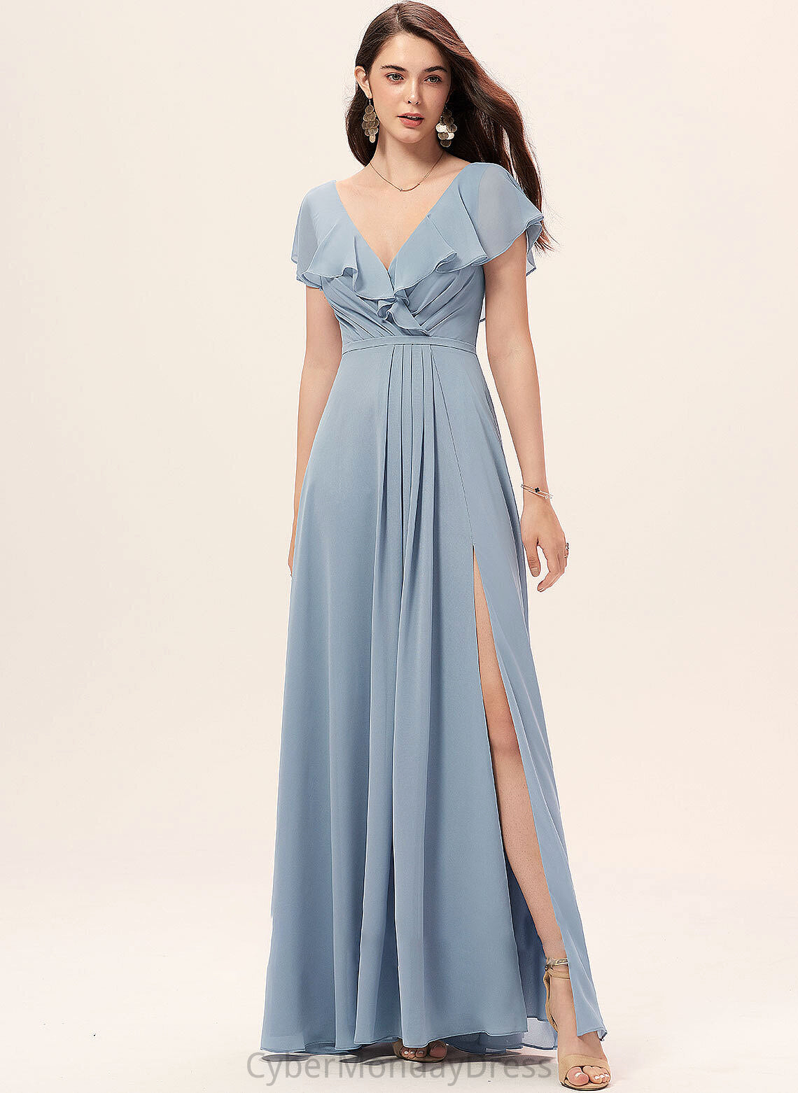 Silhouette Floor-Length V-neck Neckline Length Fabric Embellishment A-Line SplitFront Mabel Sleeveless Straps Bridesmaid Dresses