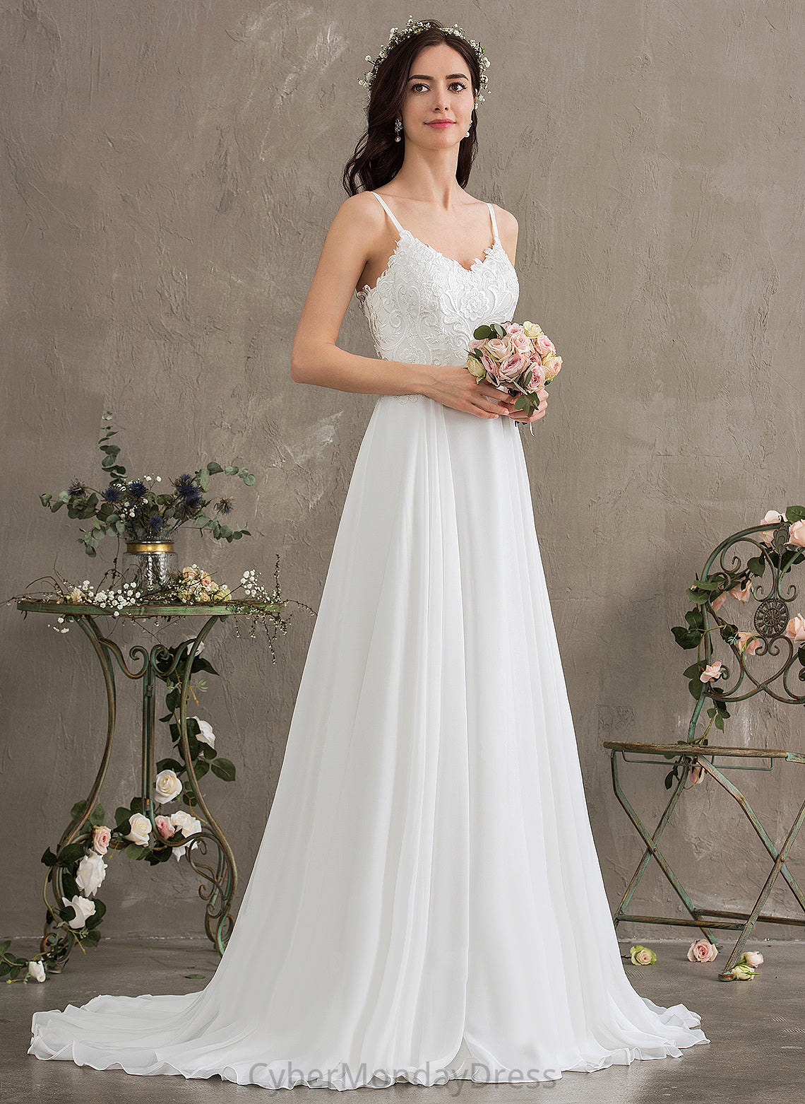 Kianna A-Line Wedding Dress Sweetheart Chiffon Wedding Dresses Train Sweep Lace