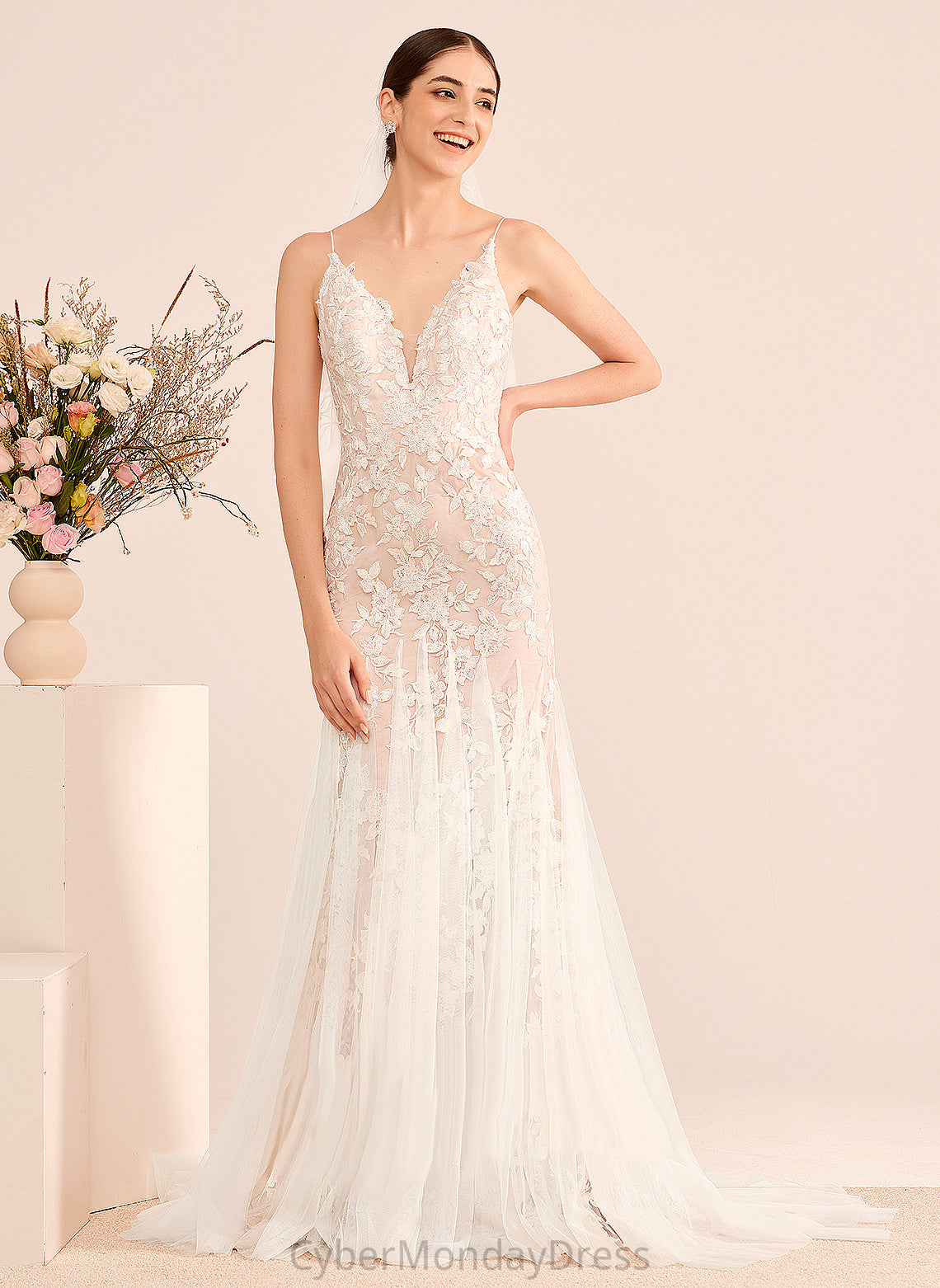 Court Trumpet/Mermaid Cheyenne Dress Lace With Lace Tulle Train Wedding V-neck Wedding Dresses