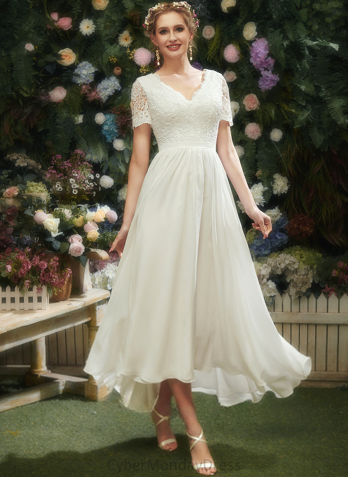 Chiffon V-neck Asymmetrical Nyasia Wedding Lace Dress Wedding Dresses A-Line