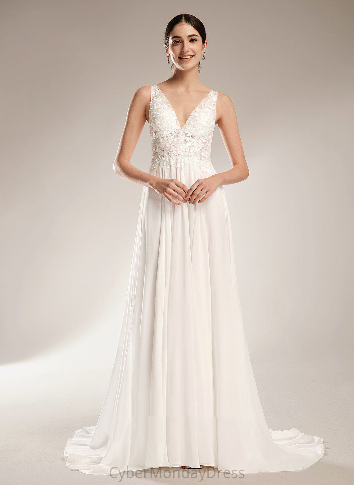 Court Beading With Kinley Chiffon Sequins Dress A-Line Train Wedding Dresses V-neck Lace Wedding