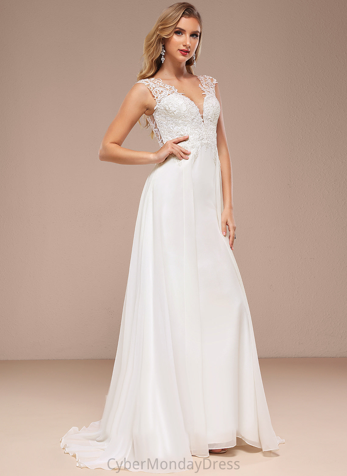 Paula Wedding Wedding Dresses A-Line Lace Chiffon Dress Train Sweep V-neck