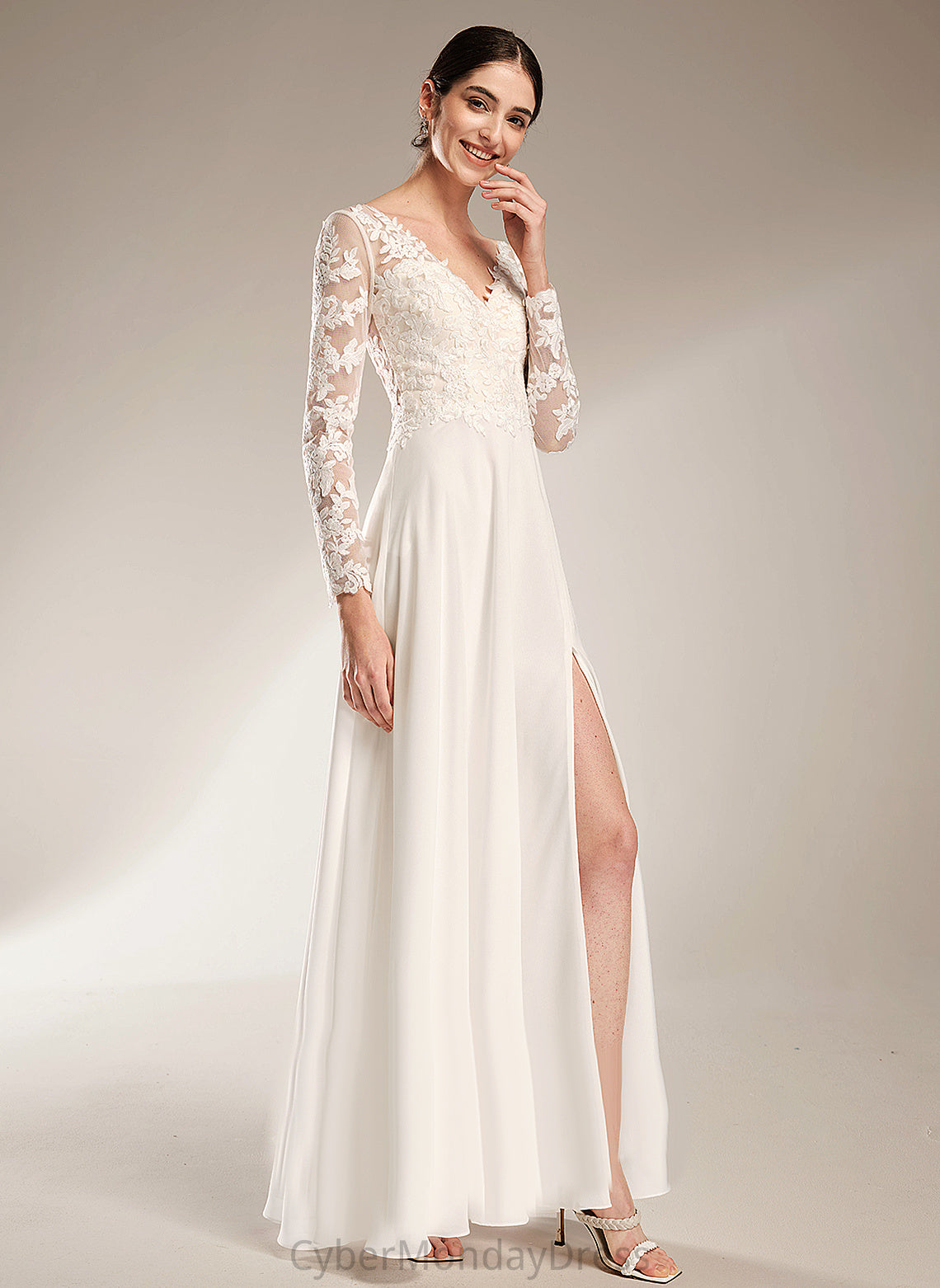 Karley Lace A-Line Split Front Wedding Chiffon Dress With V-neck Wedding Dresses Floor-Length