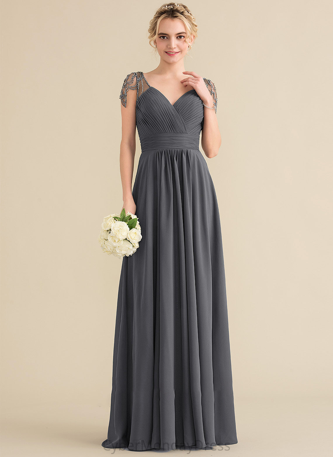 Ruffle Neckline Beading Sequins V-neck Fabric Length Floor-Length A-Line Silhouette Embellishment Aleena Bridesmaid Dresses