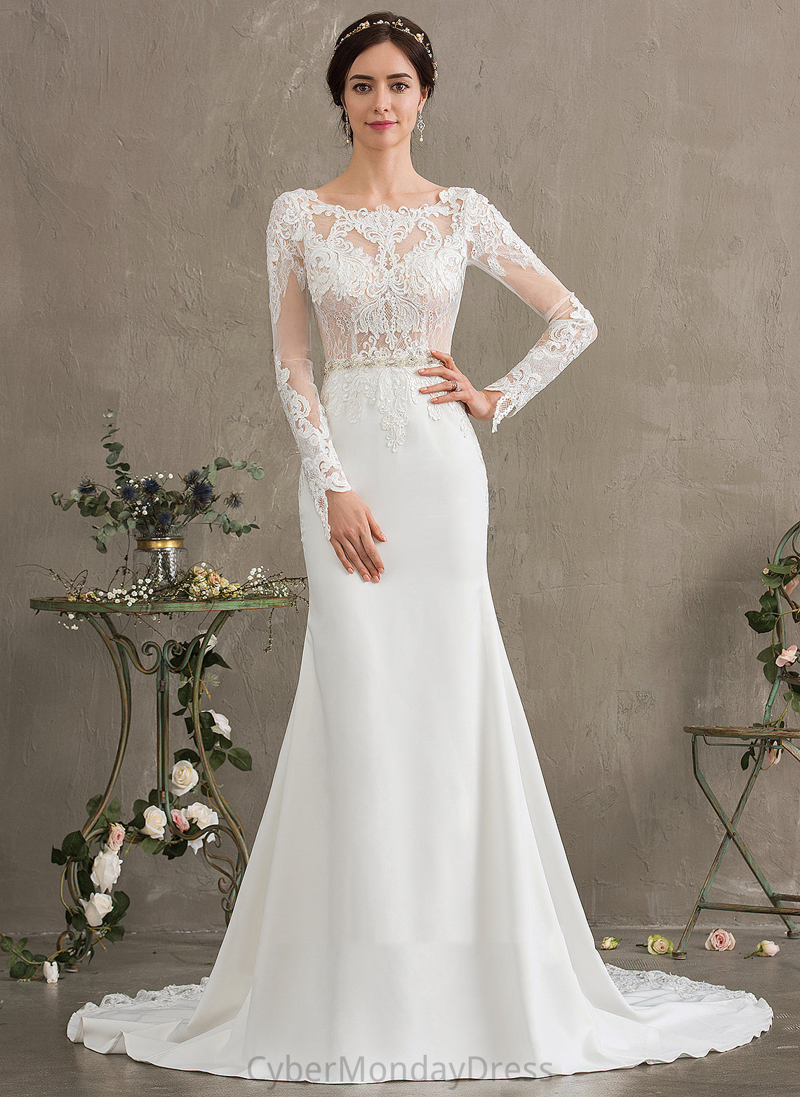 Beading Wedding Sequins Lace Neck Wedding Dresses Stretch Trumpet/Mermaid Train Chapel With Dress Crepe Bria Scoop