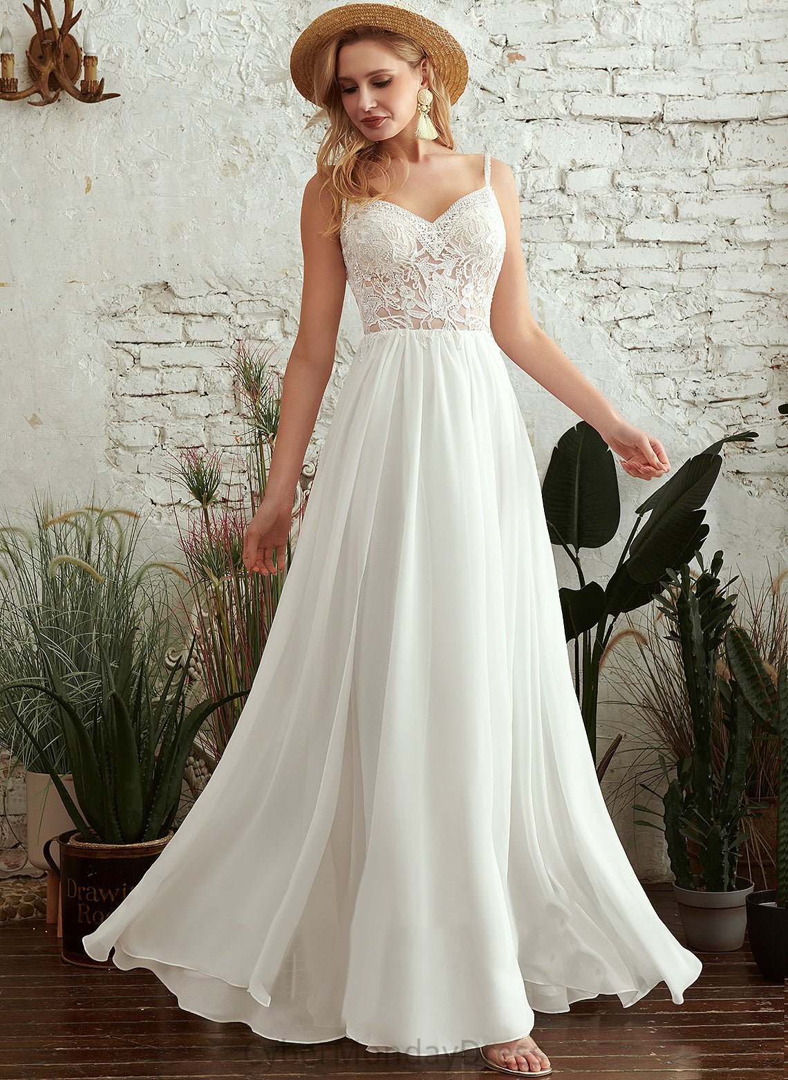 Abigayle Floor-Length Front Wedding Wedding Dresses With V-neck Split Dress A-Line Beading Lace Chiffon