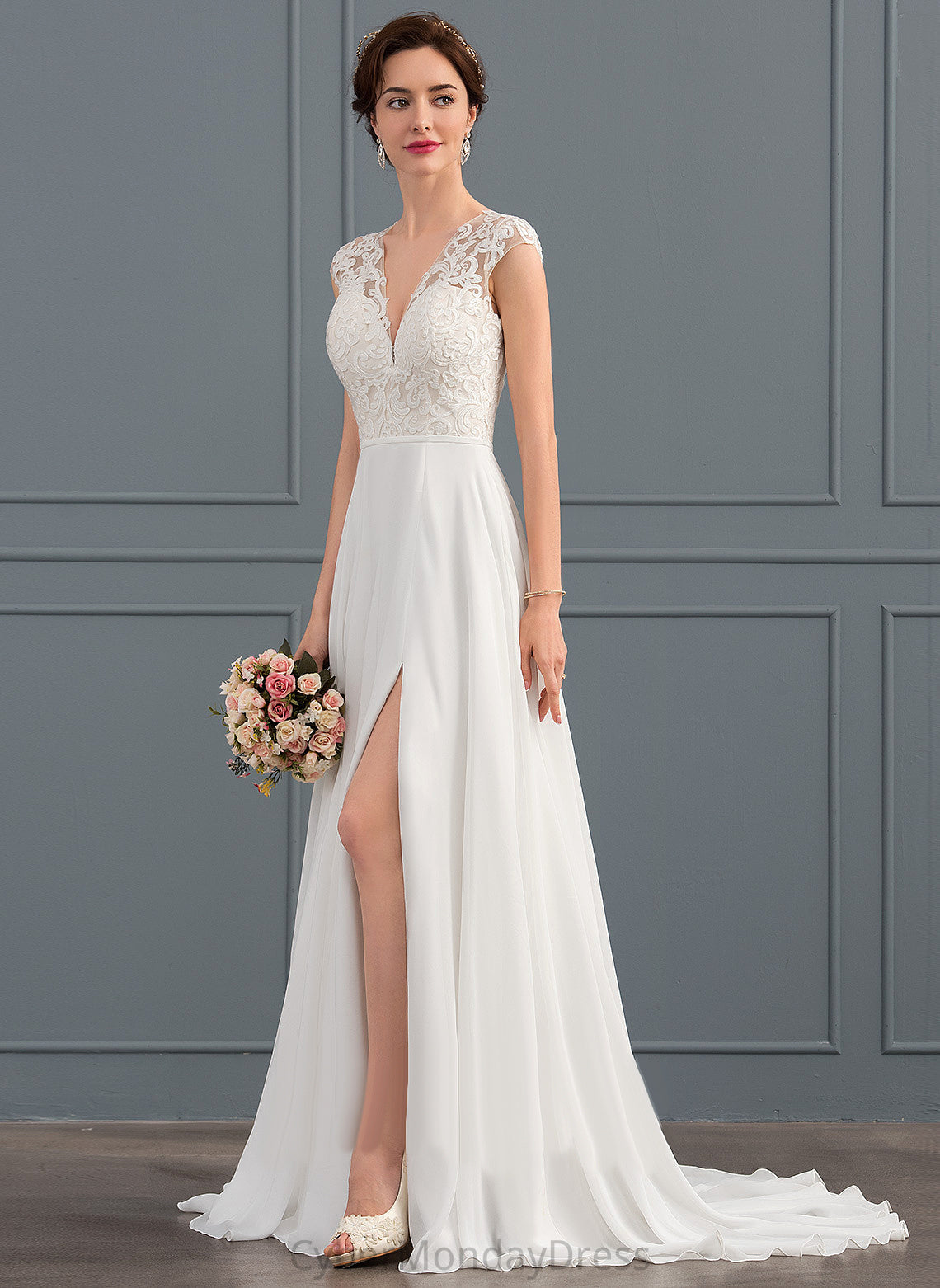 Train Front V-neck Sweep A-Line Wedding Dresses Split Dress Peggie Wedding Lace With Chiffon