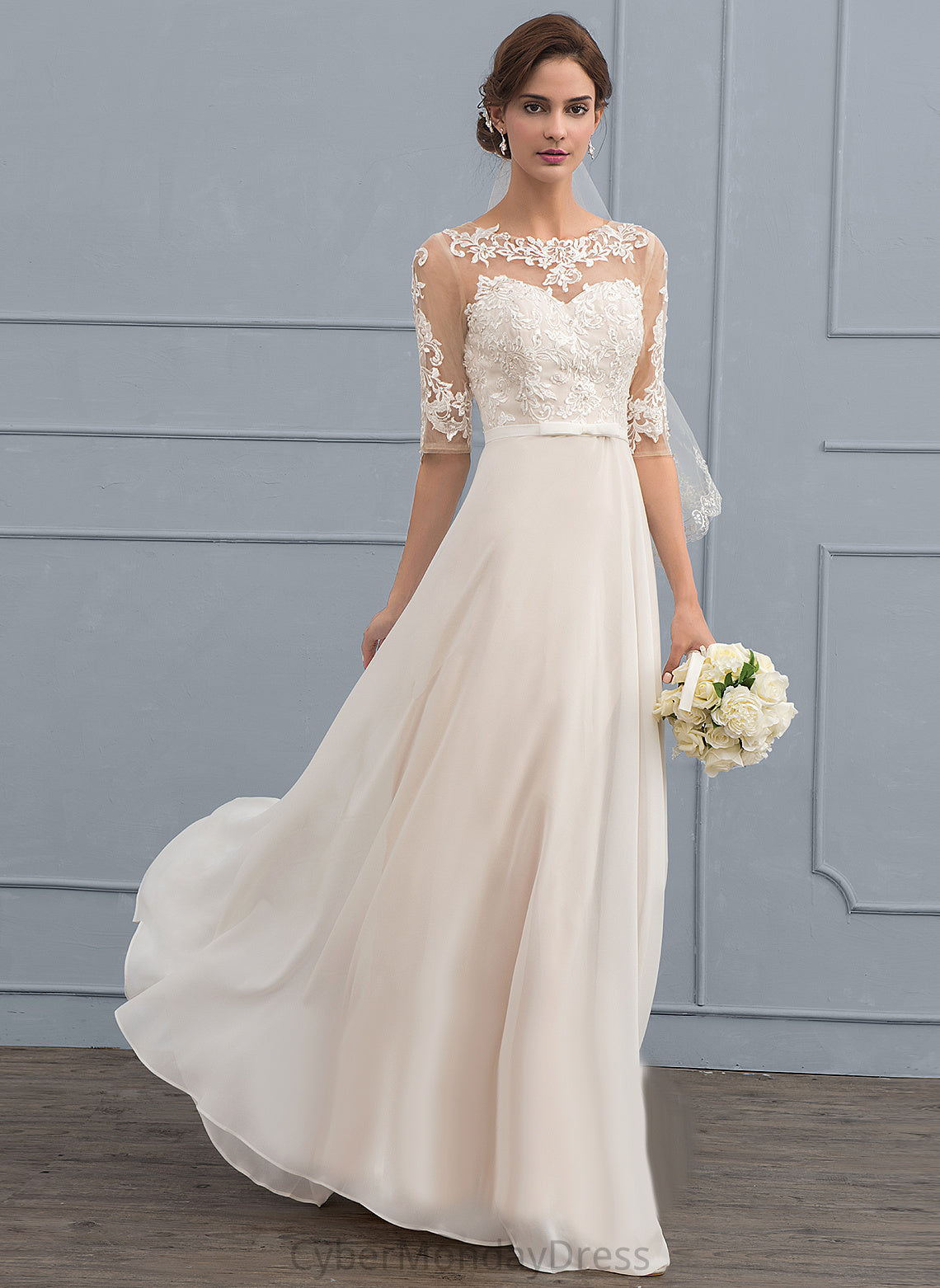 A-Line With Dress Savannah Lace Chiffon Beading Wedding Dresses Sequins Illusion Bow(s) Floor-Length Wedding