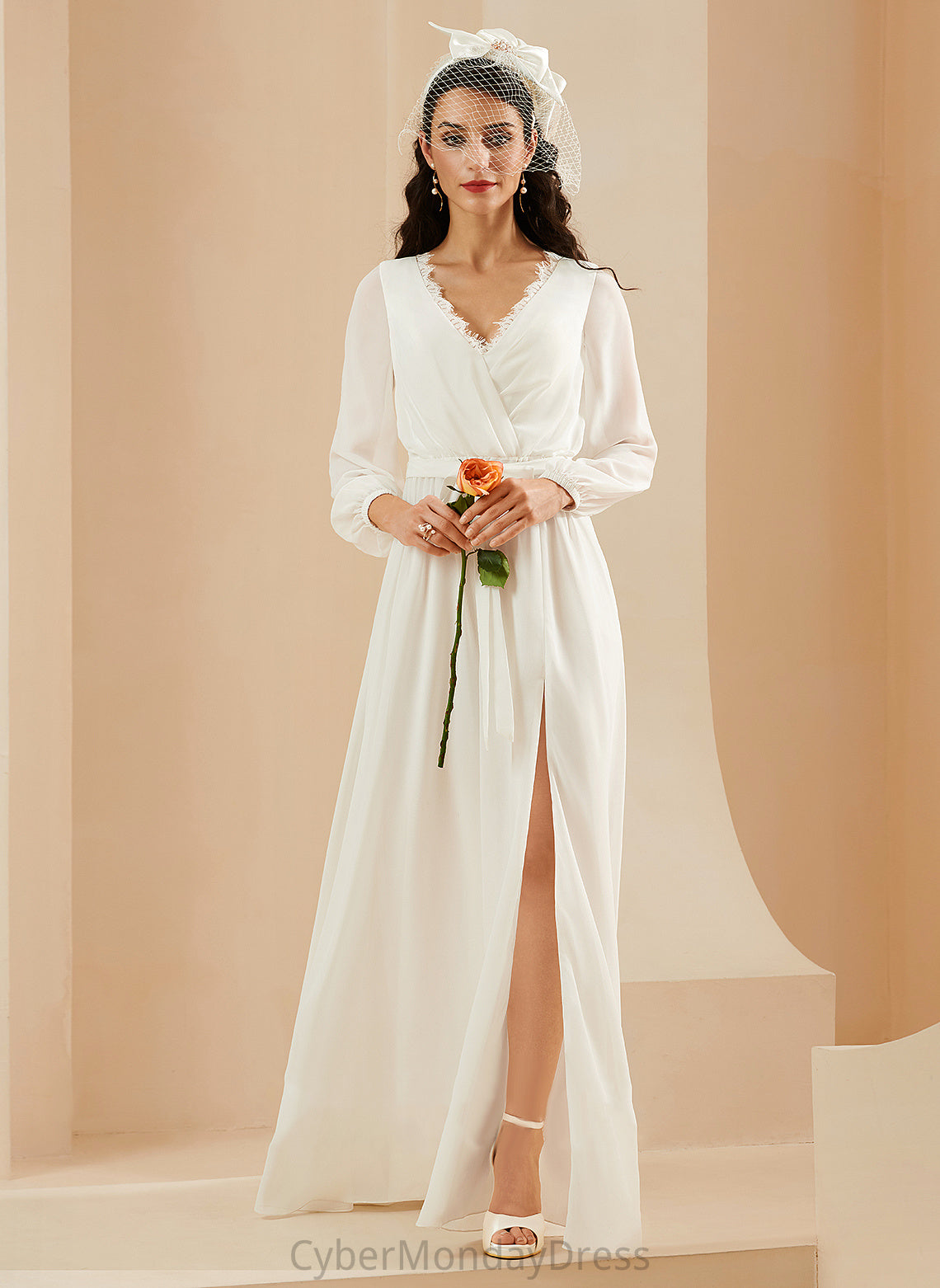 With V-neck Chiffon Floor-Length Lace Wedding A-Line Claudia Split Wedding Dresses Dress Front