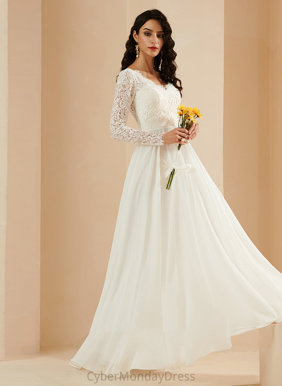 Sweep Wedding Dresses Chiffon Wedding Elaine Train Lace With A-Line Dress V-neck