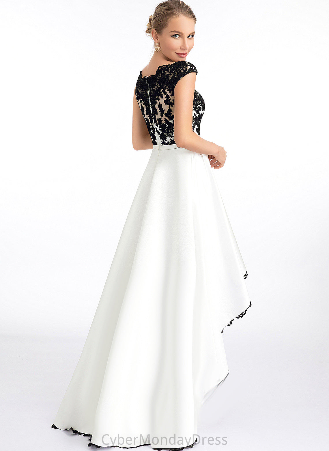 Dress Asymmetrical Wedding Cailyn A-Line Lace Scoop Illusion Satin Wedding Dresses