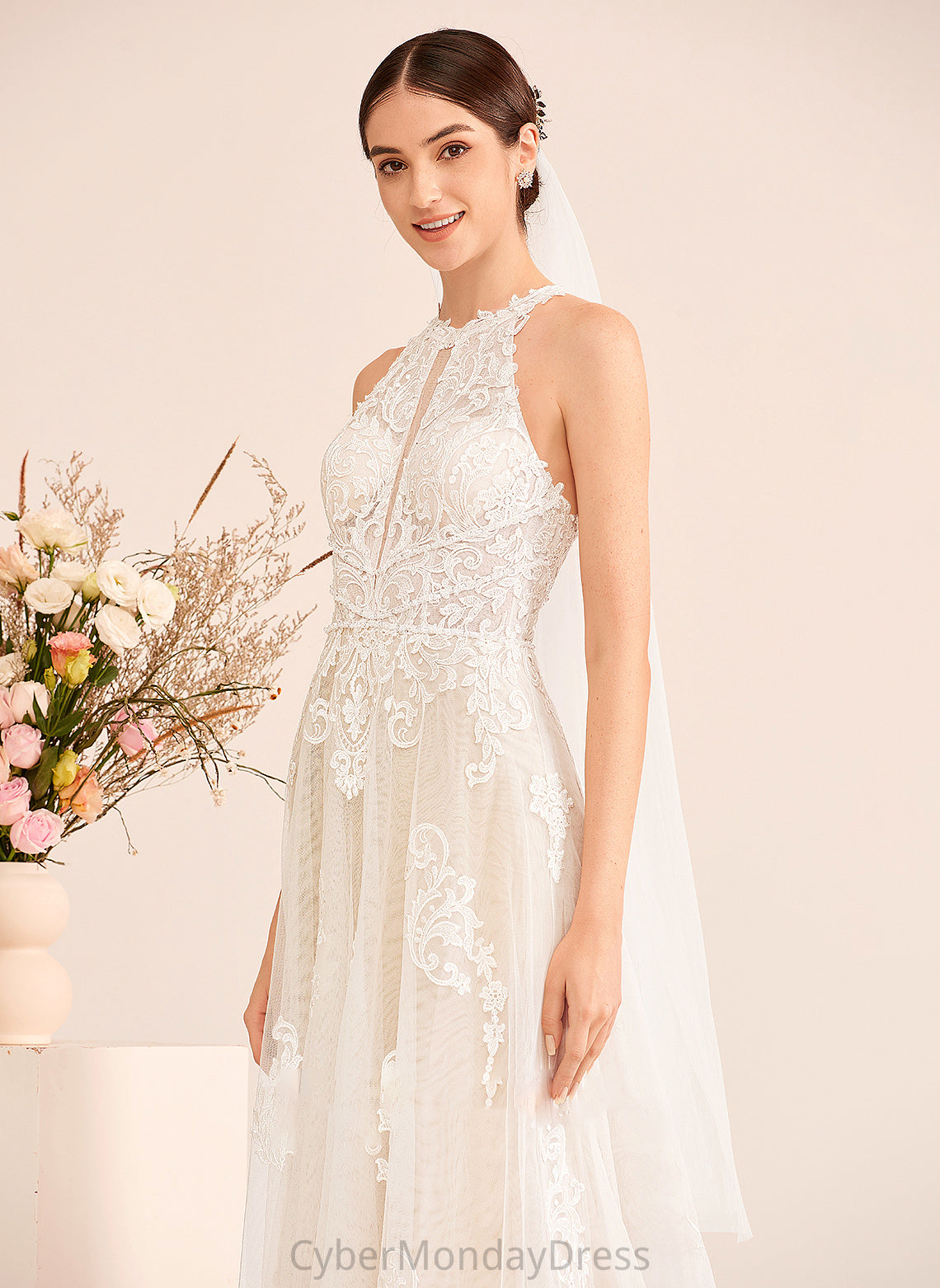 Train Wedding Neck A-Line Dress Court With High Wedding Dresses Cora Beading