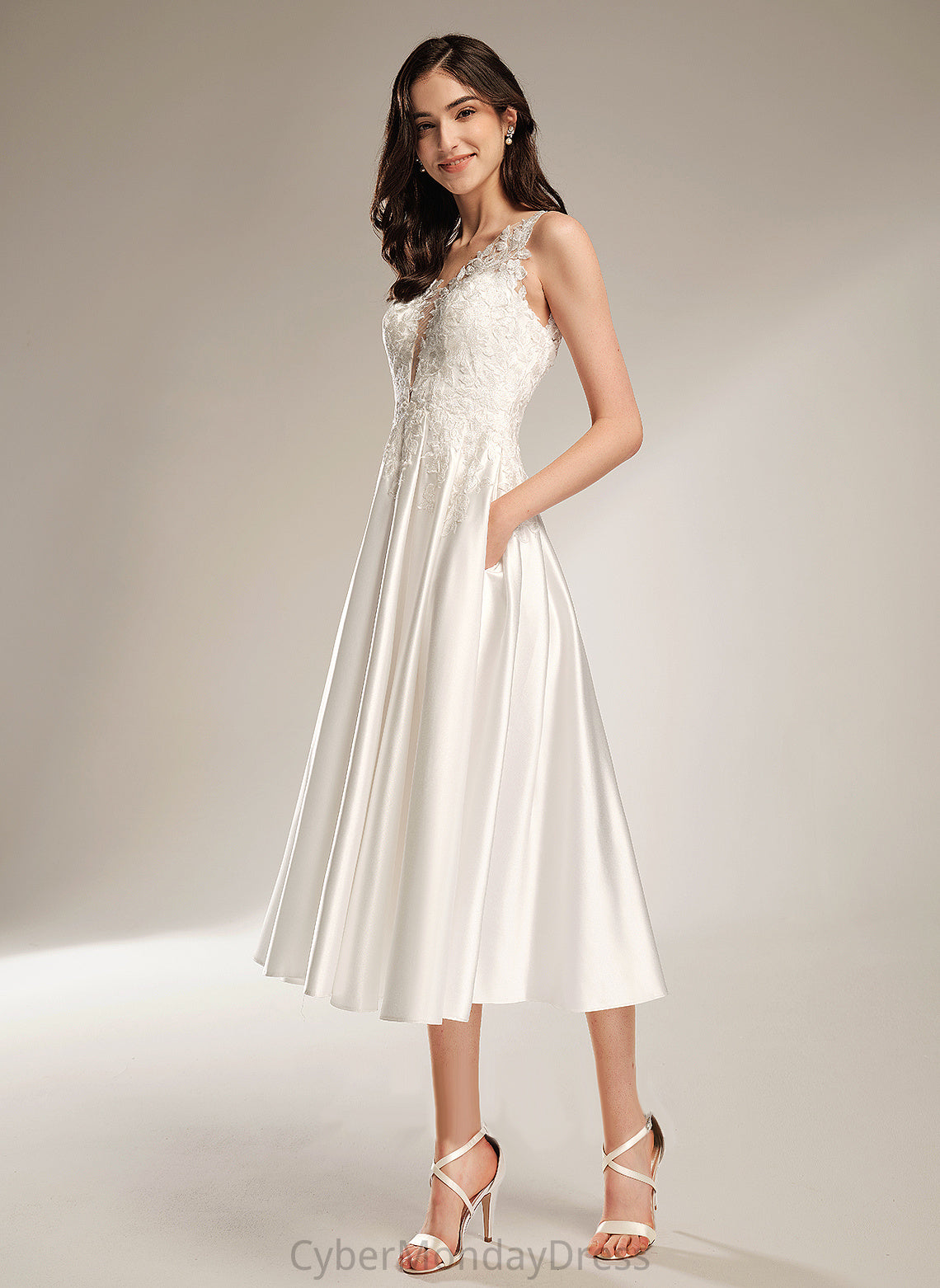 Tea-Length Wedding Dresses Wedding Dress Delaney A-Line V-neck Satin With Pockets Lace