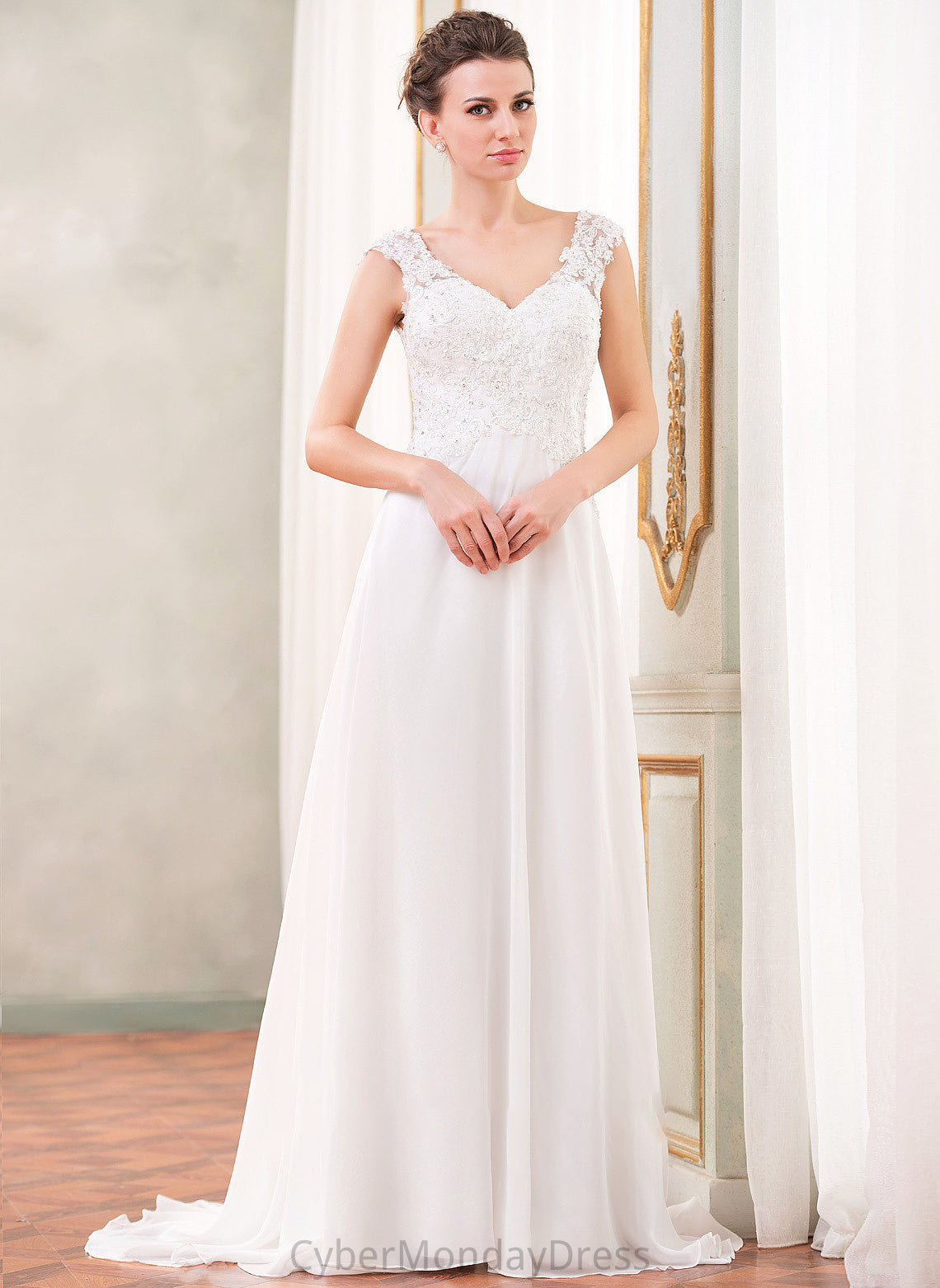 With Train Chiffon Wedding Dresses Sweep Beading Dress Wedding Selah Lace A-Line Sequins V-neck