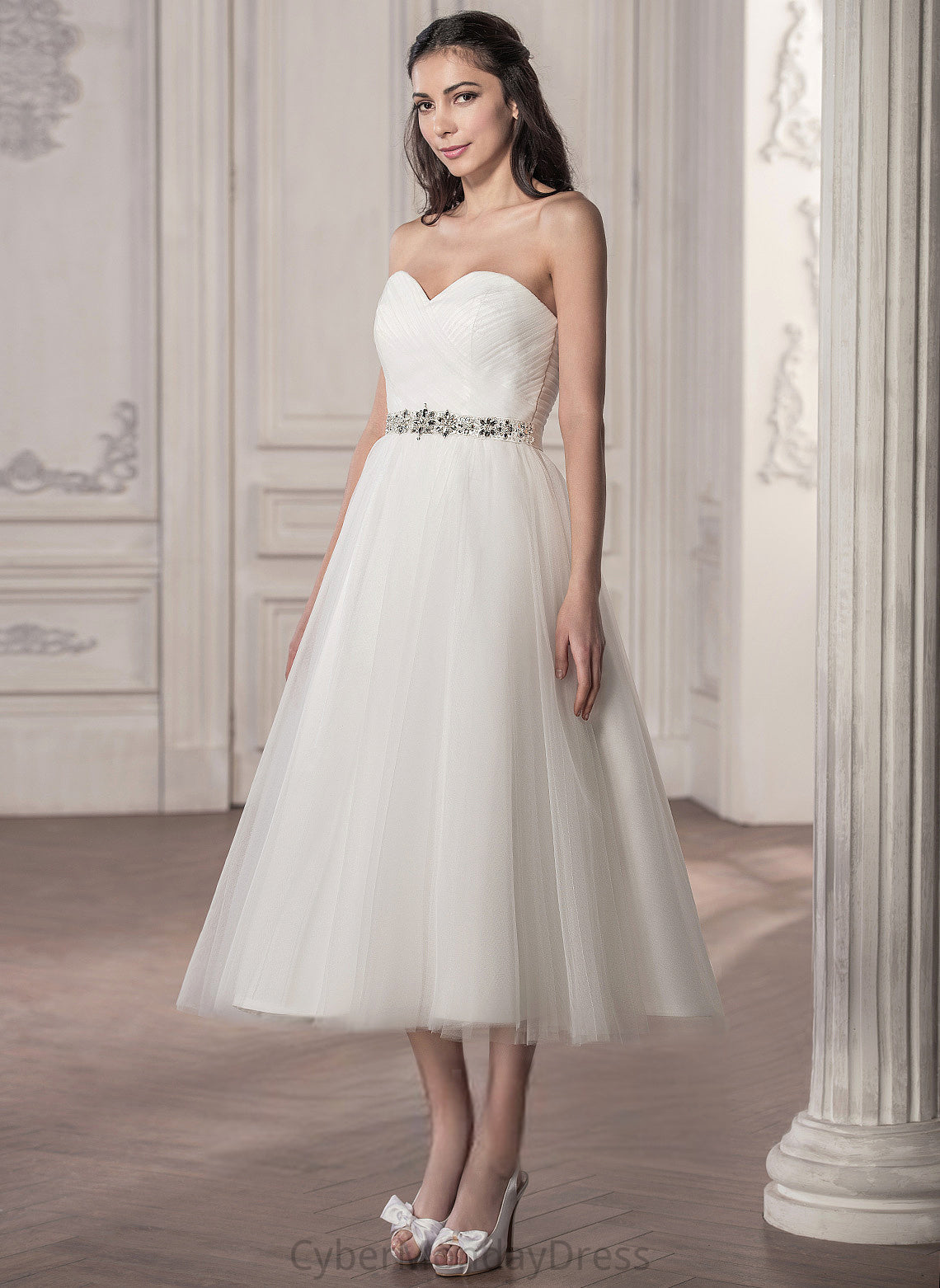 Tea-Length A-Line Beading Jaida With Tulle Sweetheart Dress Sequins Satin Ruffle Wedding Dresses Wedding