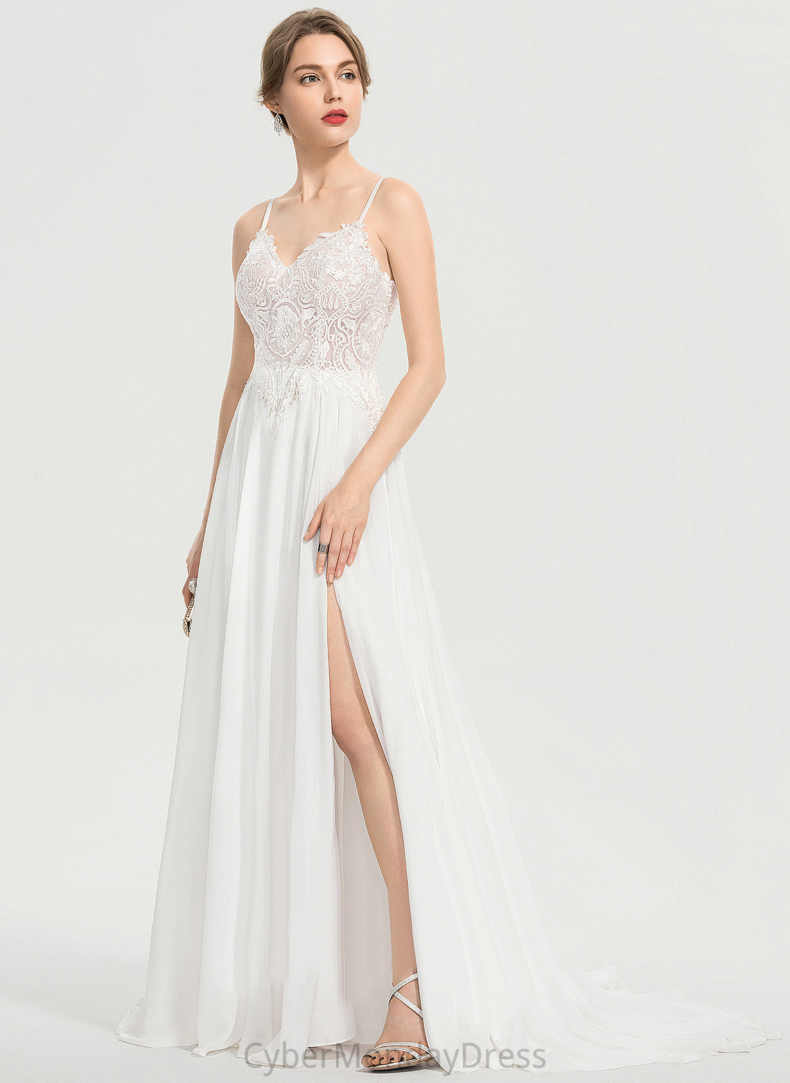 Lace Split Train Wedding Dresses V-neck Wedding Front Dress Sweep Lilia A-Line Chiffon With