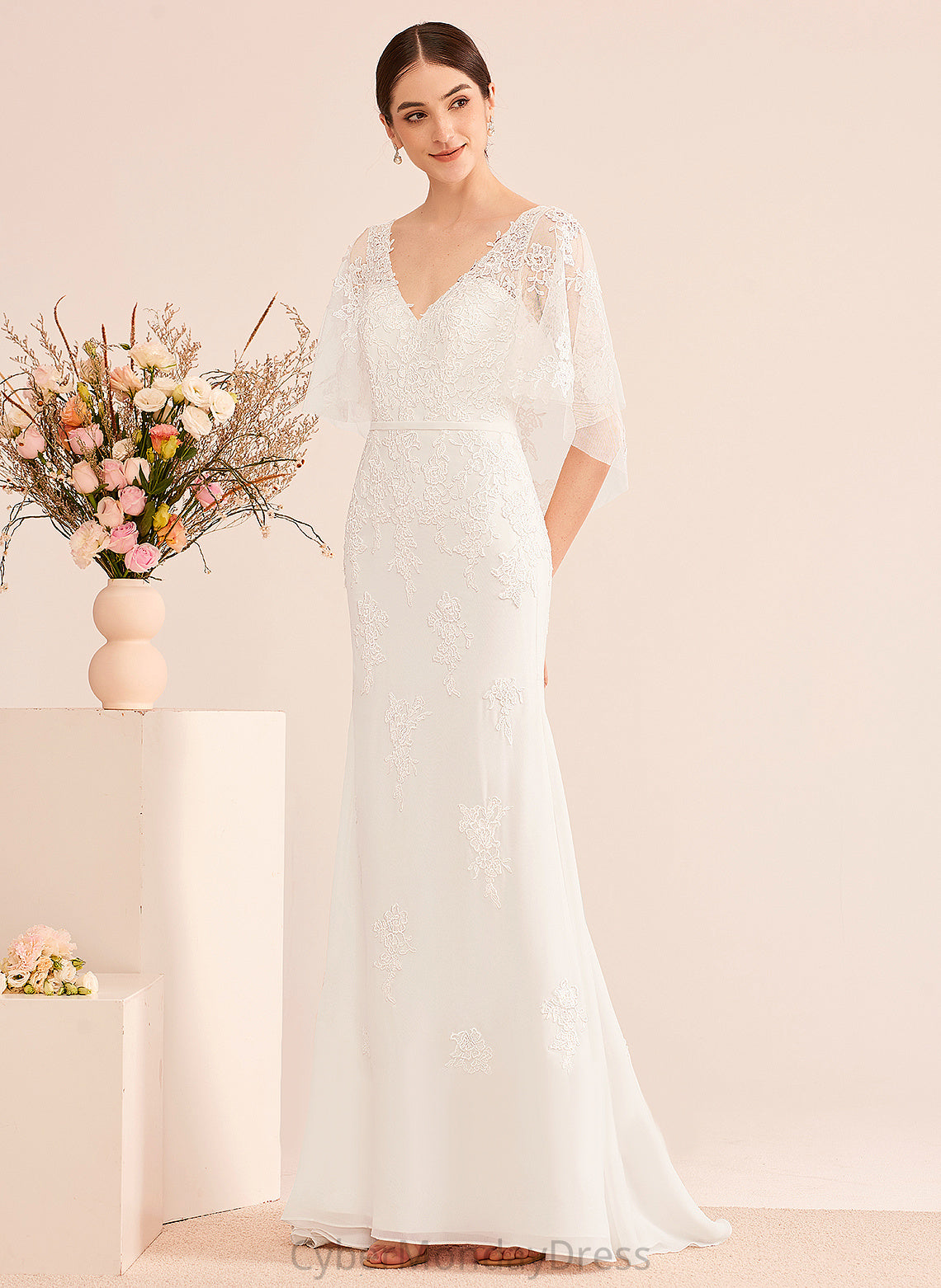 Court Trumpet/Mermaid Wedding With Yazmin Chiffon Wedding Dresses Lace Train Sash V-neck Dress