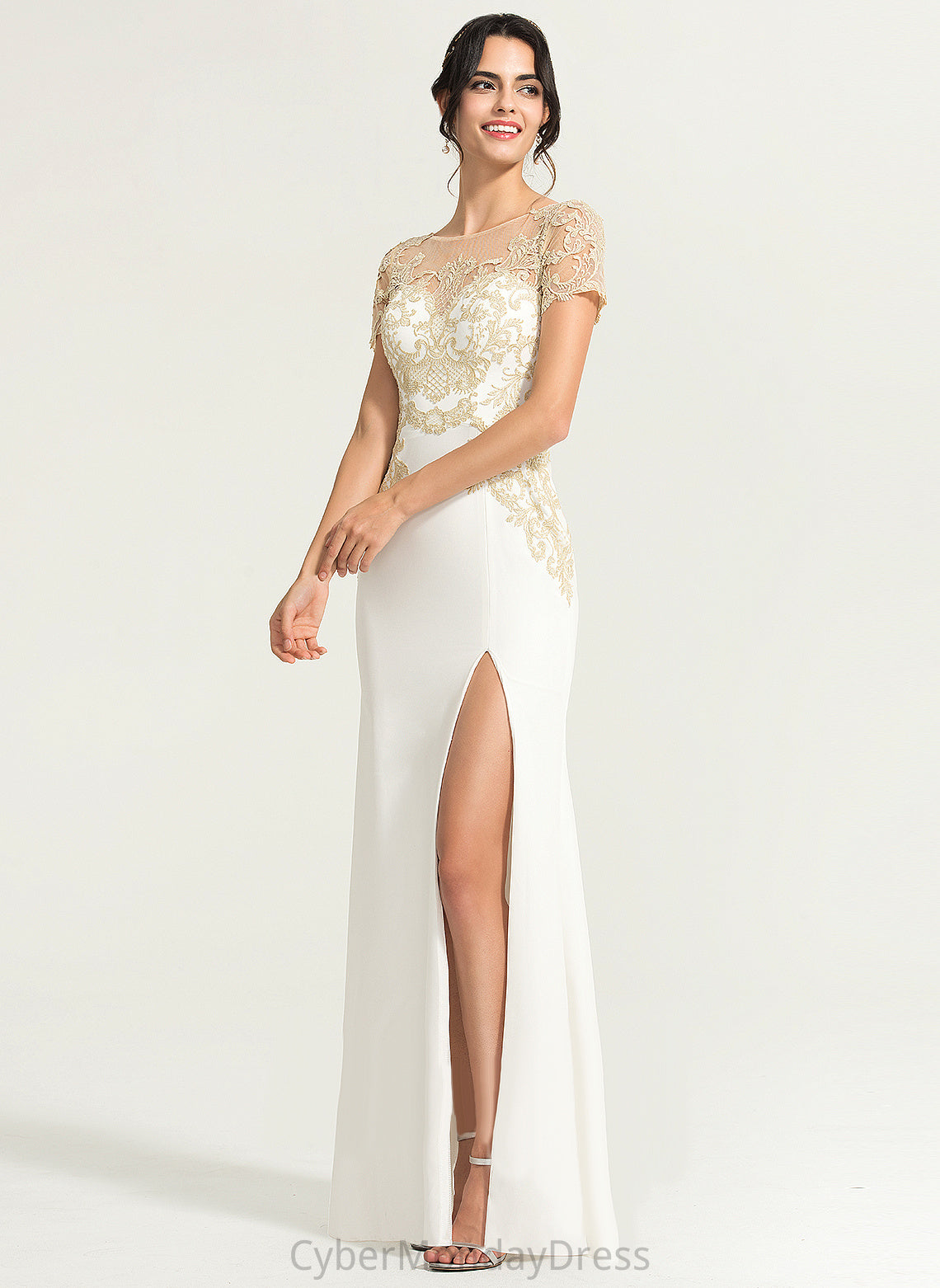 Stretch Front Wedding Scoop Lace Floor-Length With Crepe Tia Split Dress Neck Sheath/Column Wedding Dresses