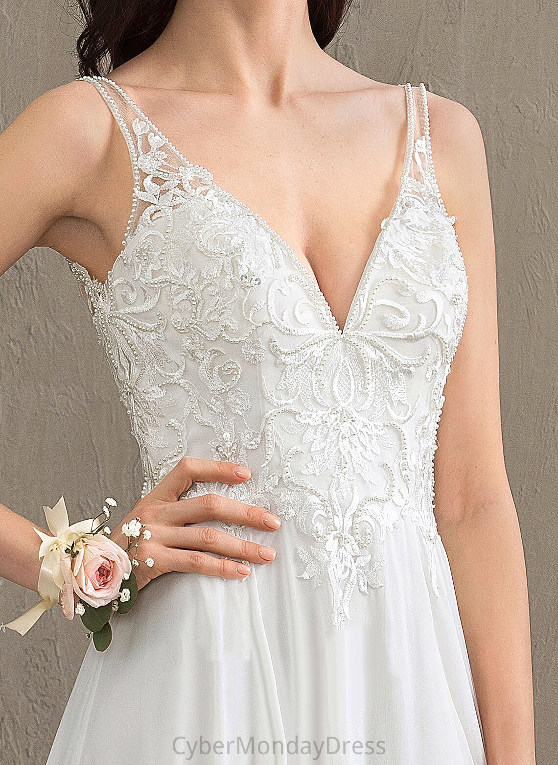 Train With Sequins Beading Lace Dress Front Wedding Wedding Dresses Dalia Chiffon Split Sweep A-Line V-neck