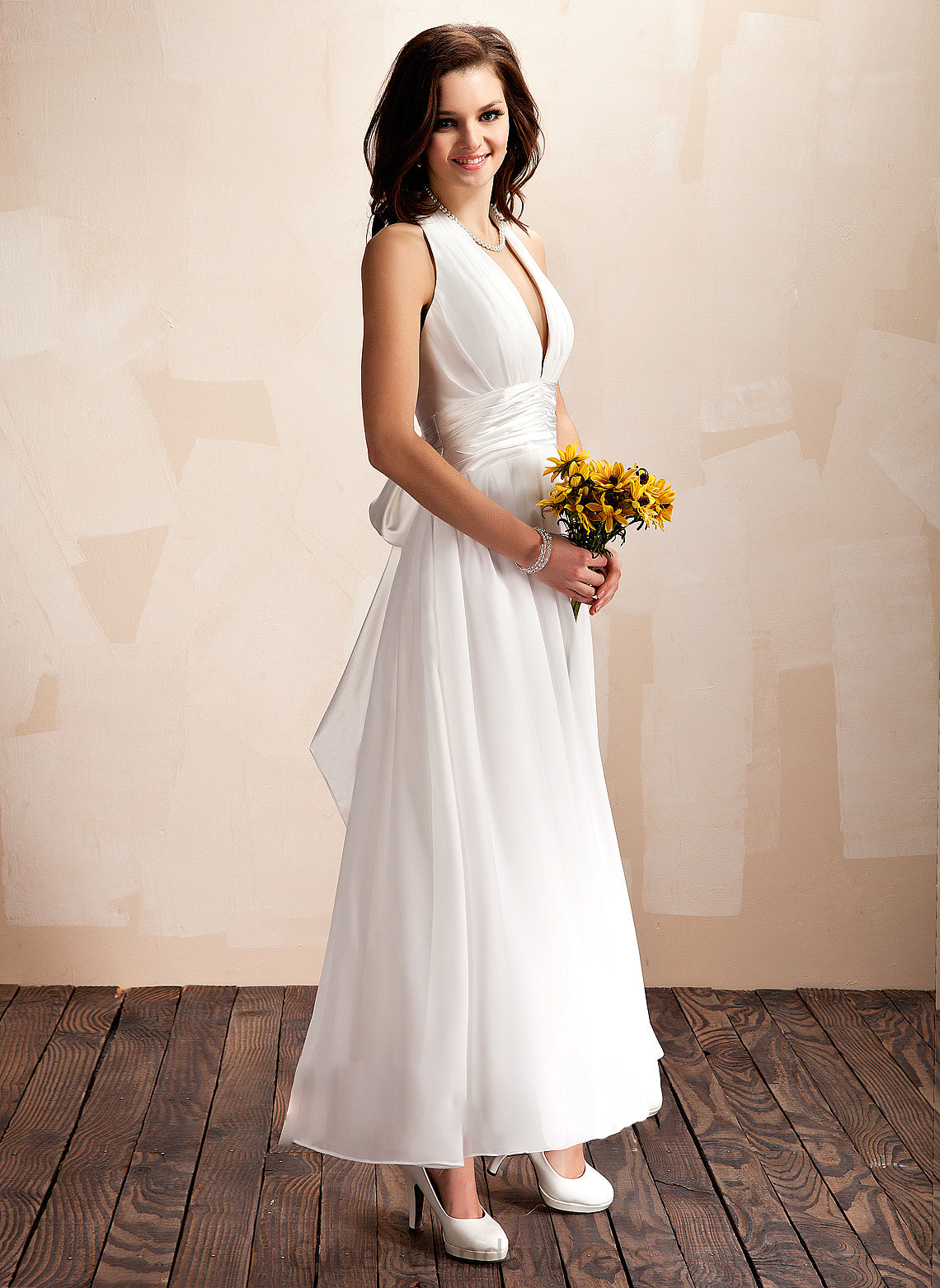 Wedding Dresses With A-Line Bow(s) Ankle-Length Wedding Halter Ruffle Chiffon Dress Vivian