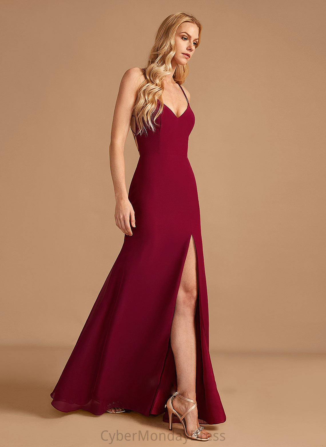 V-neck Silhouette Floor-Length Neckline Embellishment Trumpet/Mermaid SplitFront Length Fabric Kailyn Floor Length Sleeveless Bridesmaid Dresses