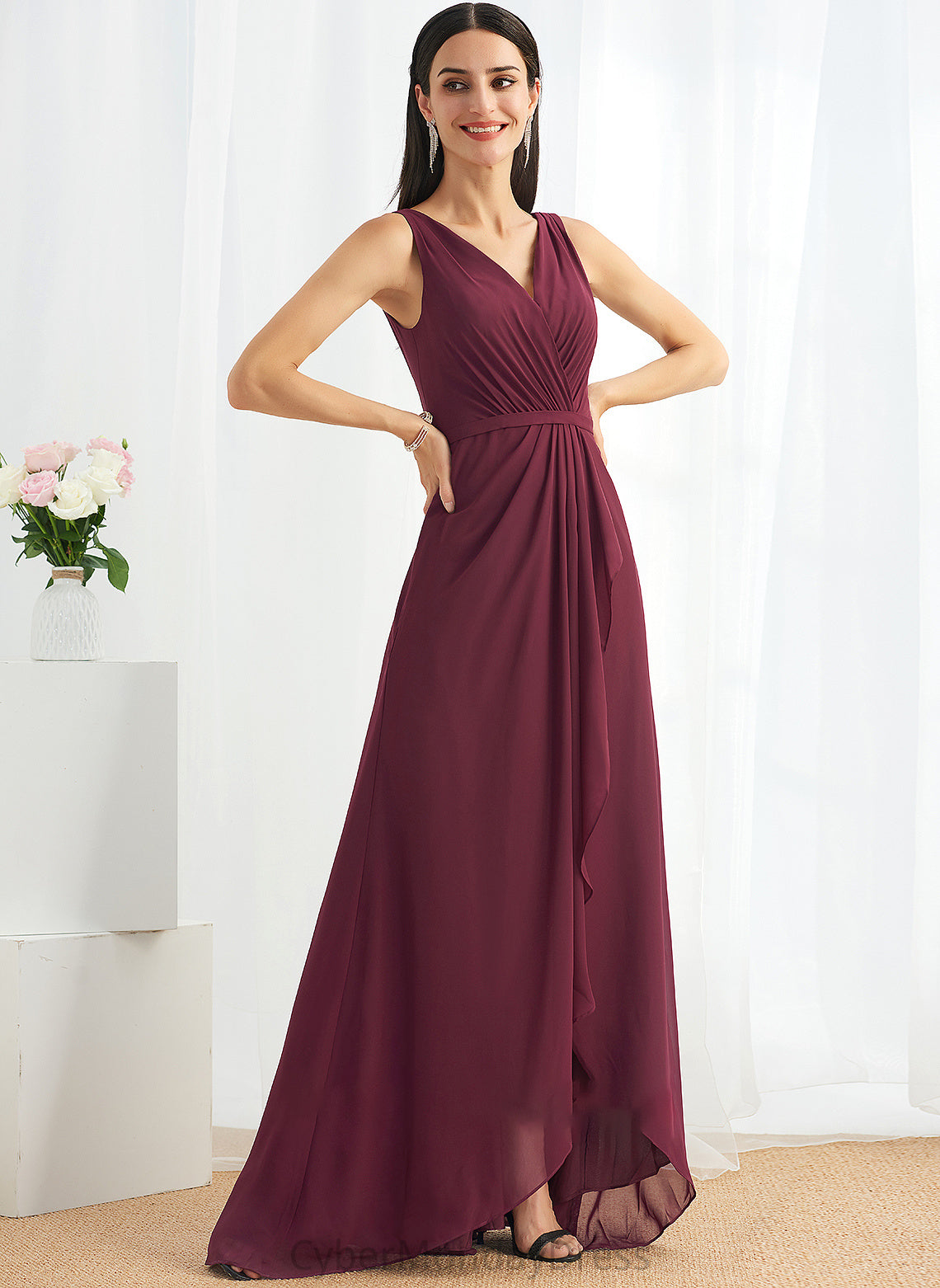 A-Line V-neck Neckline Silhouette Length SplitFront Embellishment Asymmetrical Fabric Emely Natural Waist Sleeveless Bridesmaid Dresses