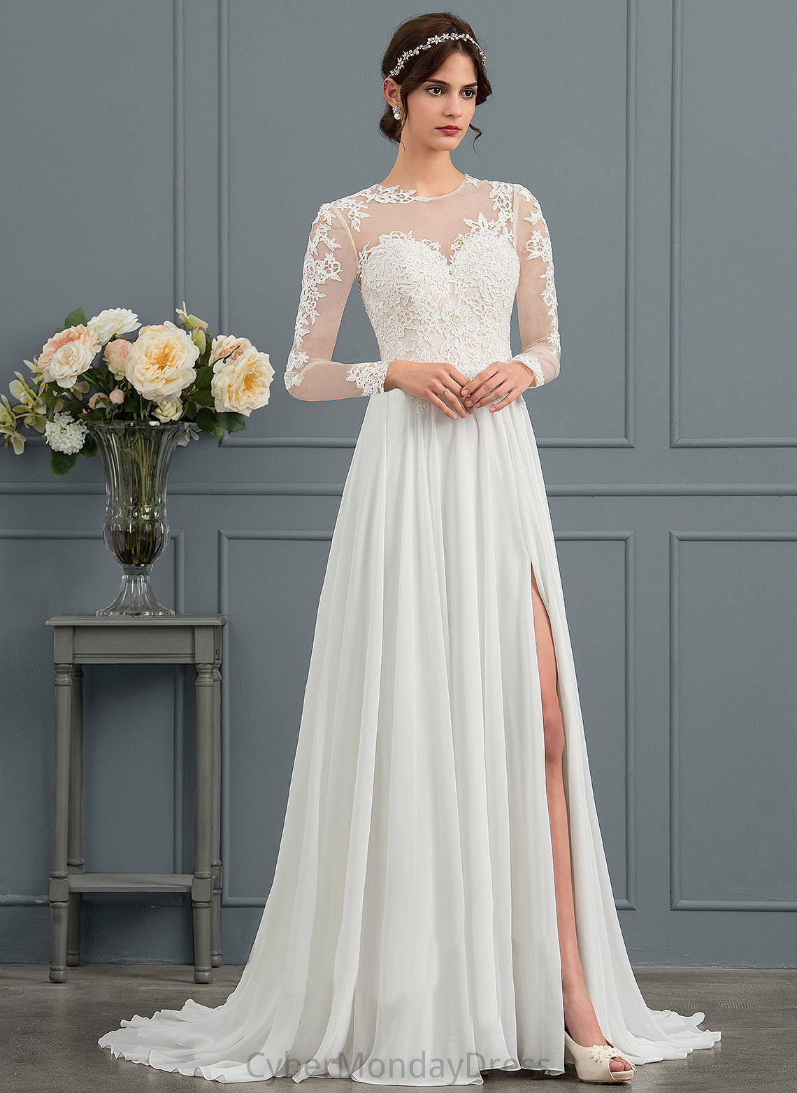 Wedding Wedding Dresses Appliques Sweep Lace A-Line With Split Front Illusion Elianna Train Chiffon Dress Tulle