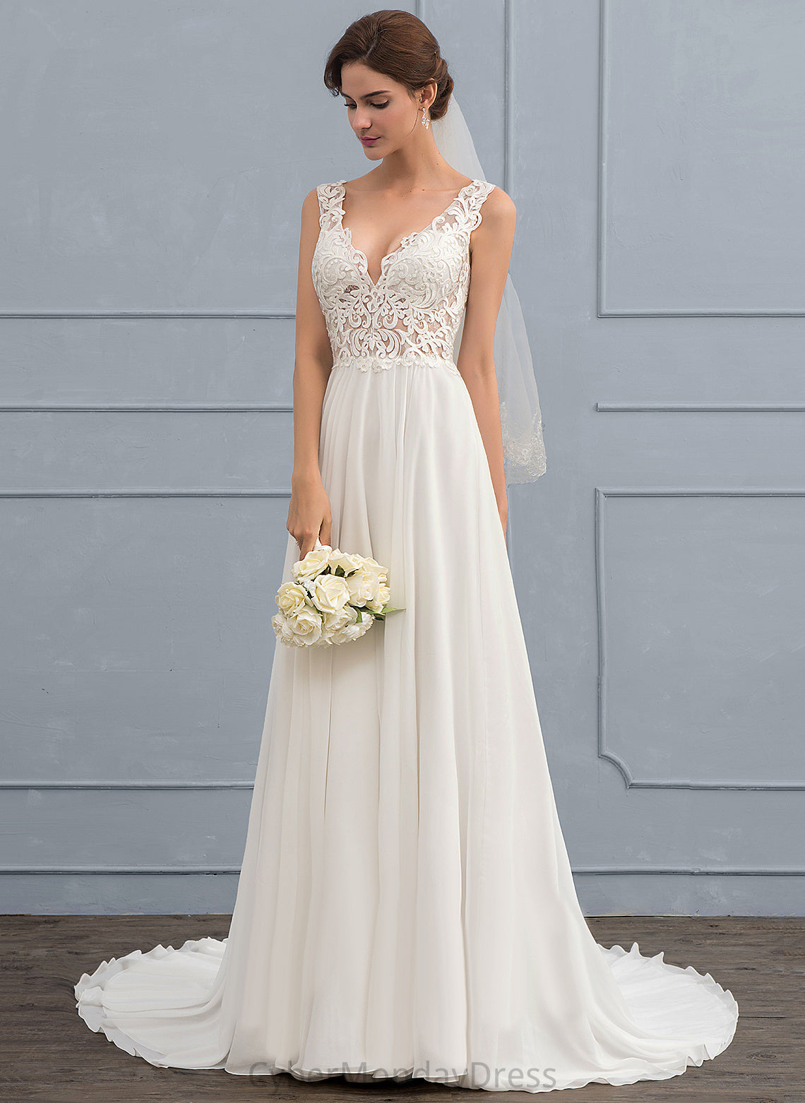 Dress Court Jayda V-neck Train Wedding Dresses Lace Wedding Chiffon A-Line