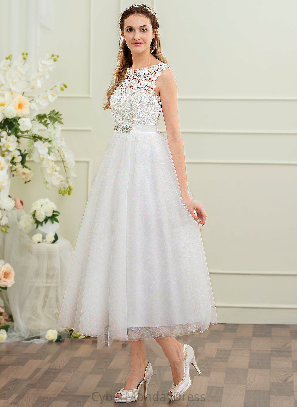 Sequins Wedding Ball-Gown/Princess Wedding Dresses Beading Tulle Evelin Dress Tea-Length Scoop Neck With