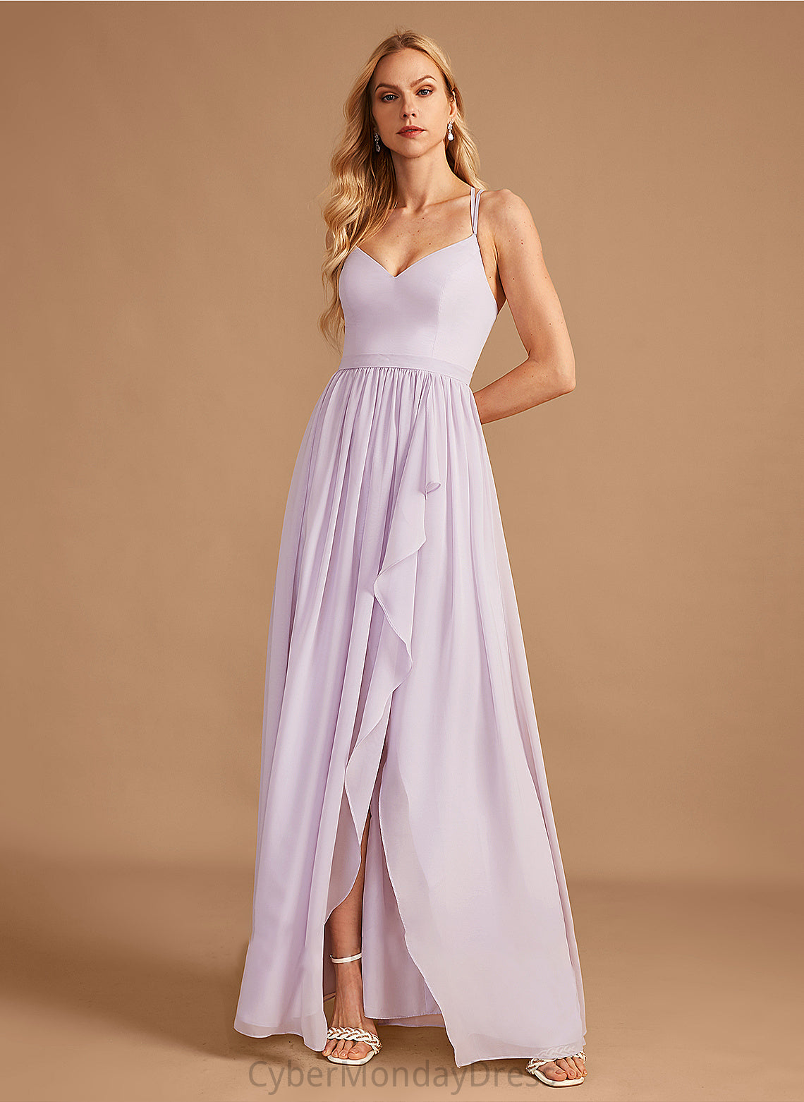 Neckline Embellishment SplitFront Length V-neck A-Line Silhouette Fabric Ruffle Asymmetrical Jada Bridesmaid Dresses