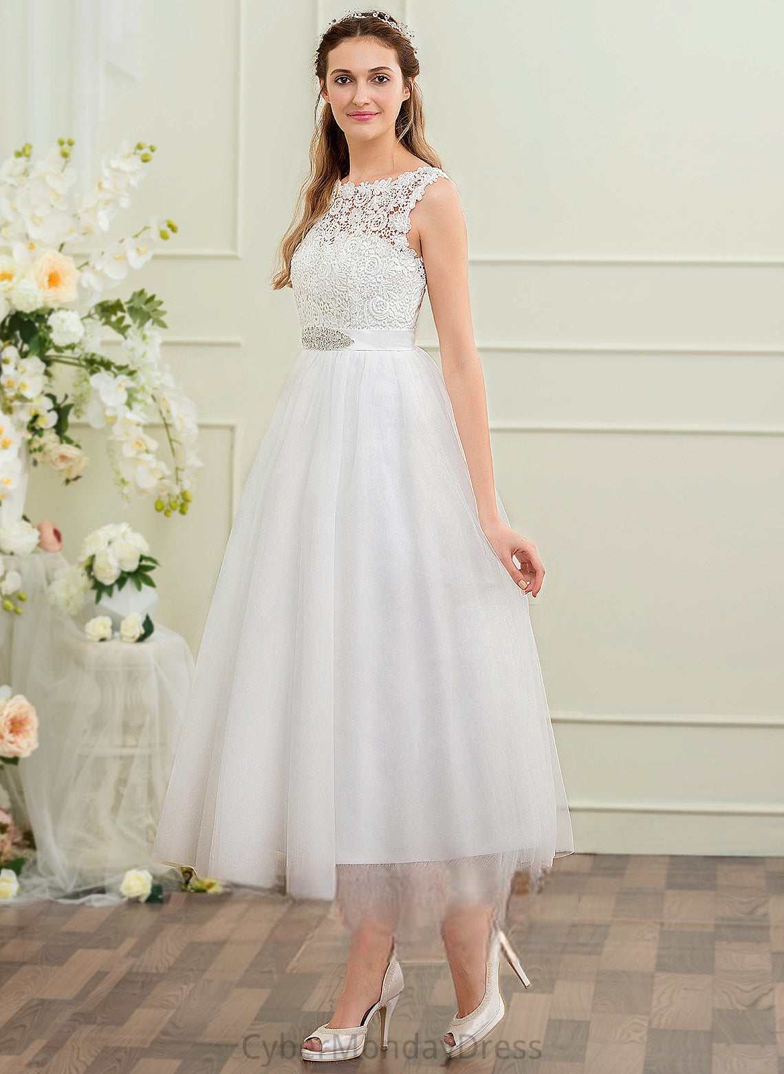 Evie Dress Beading Ball-Gown/Princess Wedding Dresses With Neck Satin Tea-Length Lace Scoop Tulle Wedding Sequins