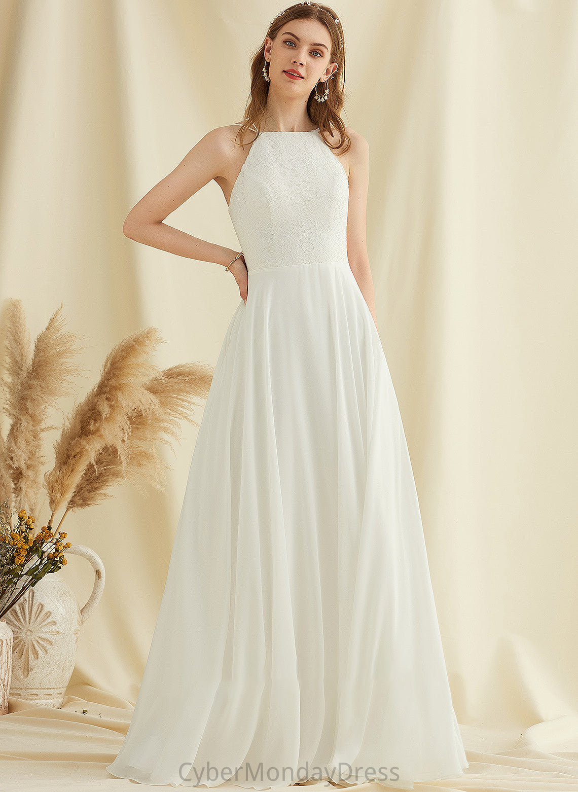 Lace Neck Scoop A-Line Dress Patsy Chiffon Pockets With Wedding Floor-Length Wedding Dresses