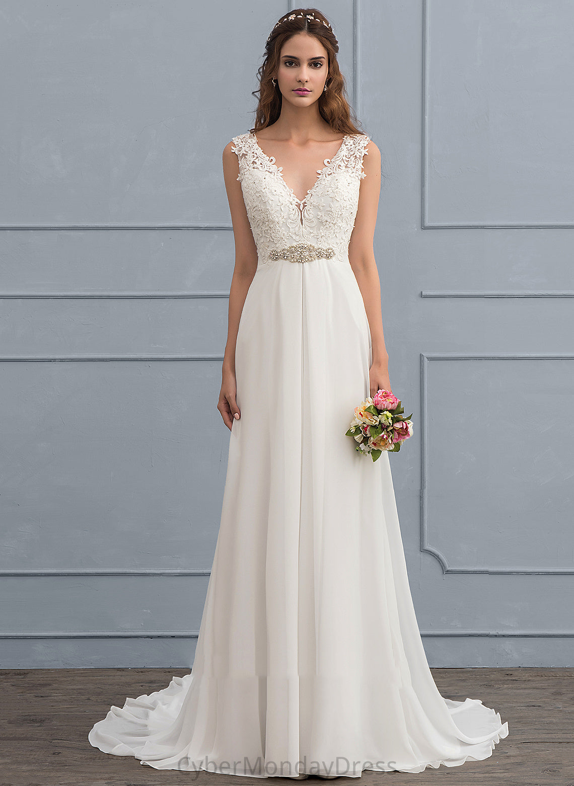 Lace Dress Sequins Karli V-neck Wedding Dresses Wedding With Chiffon Beading Train A-Line Court