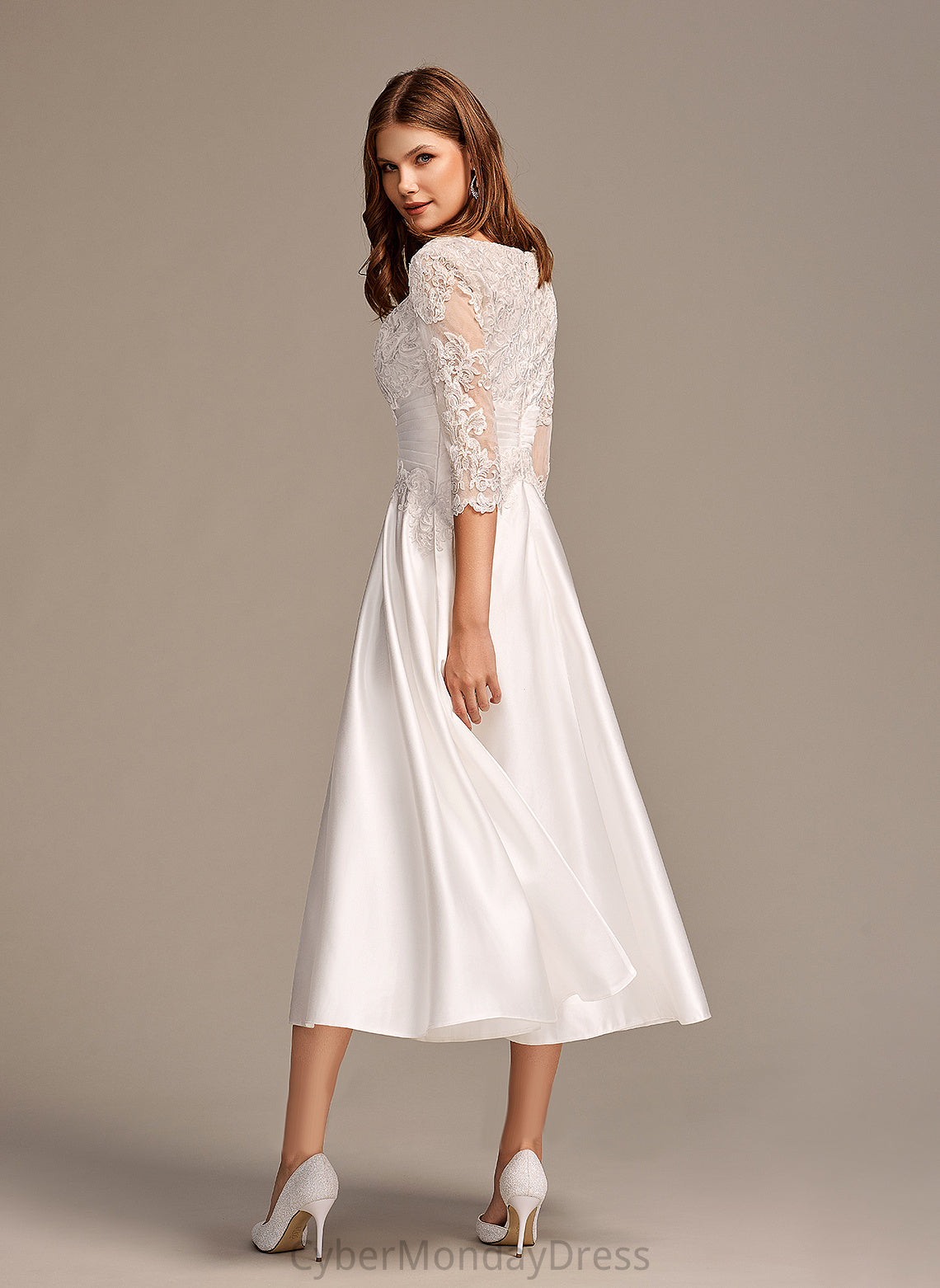 Lace Scoop A-Line Satin Neck With Pockets Wedding Dresses Tea-Length Wedding Lea Dress