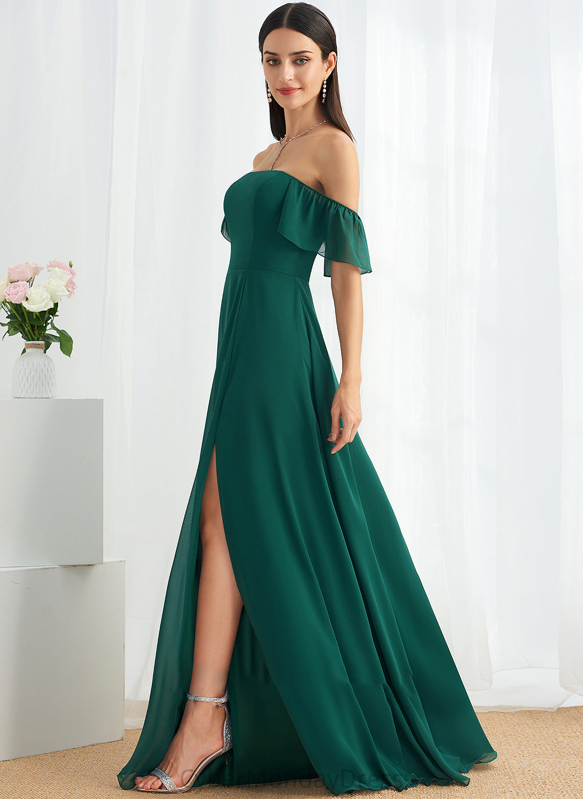 Embellishment A-Line Fabric Silhouette Floor-Length Neckline Off-the-Shoulder SplitFront Length Michelle Bridesmaid Dresses