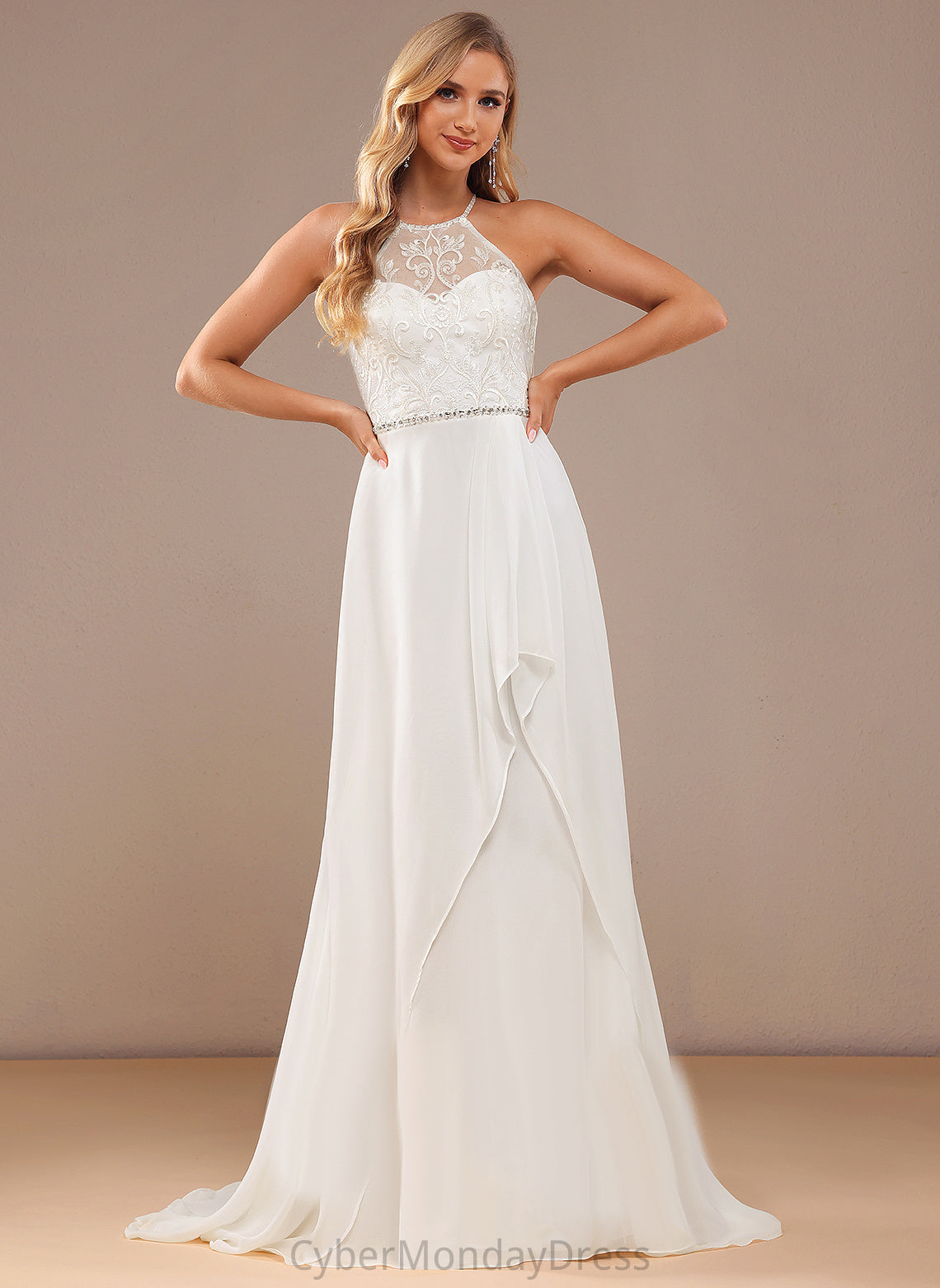 Train With Dress Wedding Chiffon Sweep Lace Beading High Wedding Dresses Neck Sequins A-Line Lace Urania