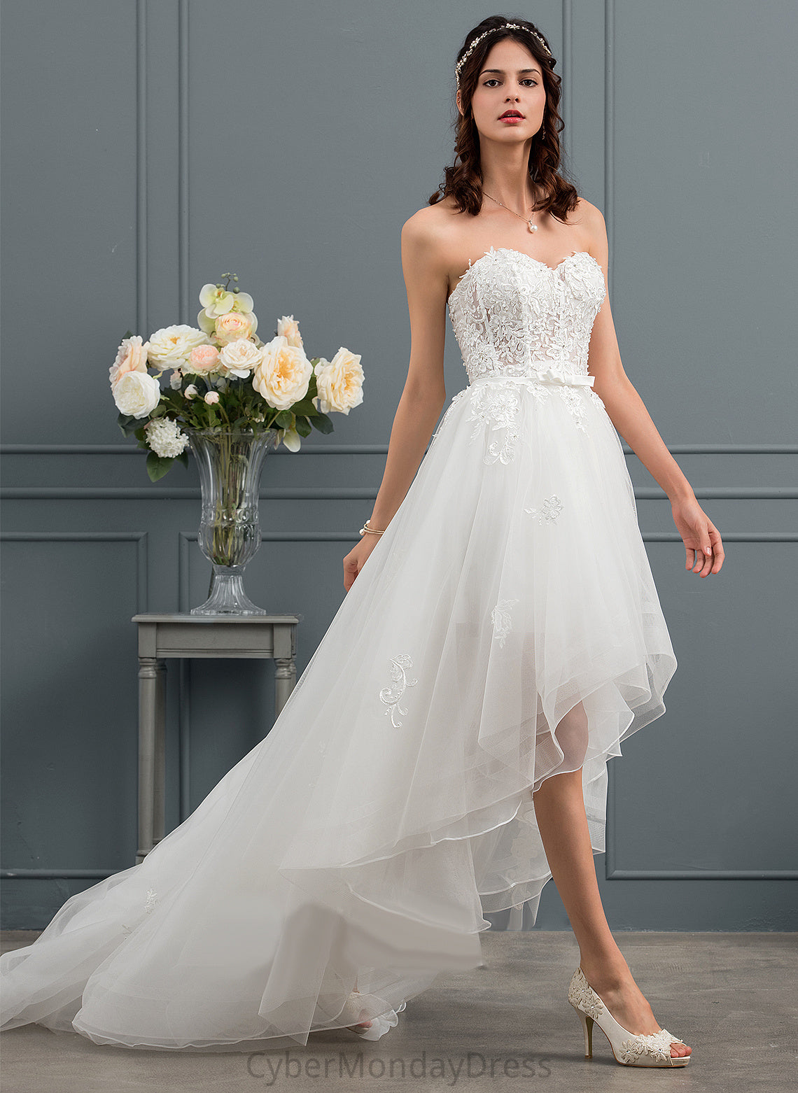 Bow(s) Wedding With Wedding Dresses Sequins Maia A-Line Asymmetrical Dress Lace Tulle Beading Satin Sweetheart