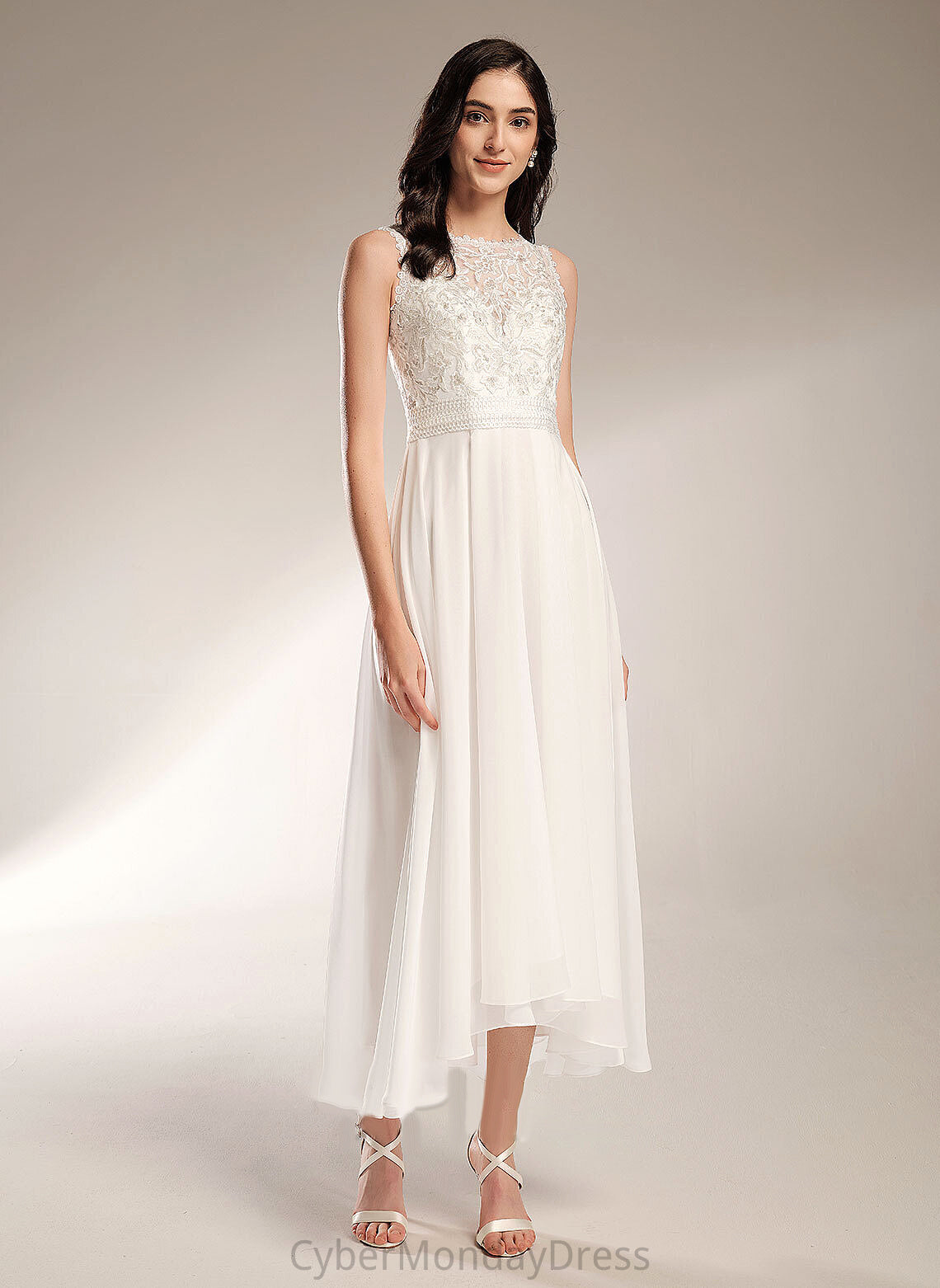 A-Line Dress Chiffon Asymmetrical Wedding Dresses Scoop Neck Lace Destinee Wedding