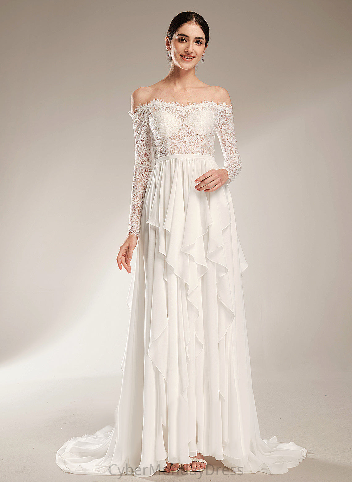 Carina Wedding Dresses Chiffon Dress A-Line Lace Wedding Train Court Ruffle With Off-the-Shoulder