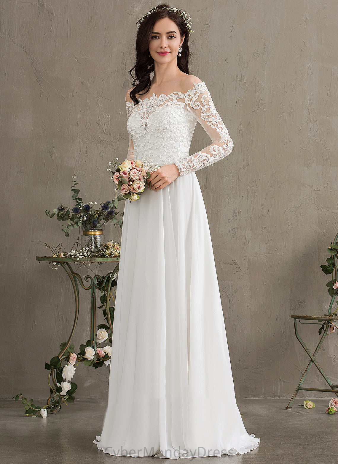 Lace Floor-Length Off-the-Shoulder Lace Wedding Dresses Dayanara Chiffon With Wedding A-Line Dress