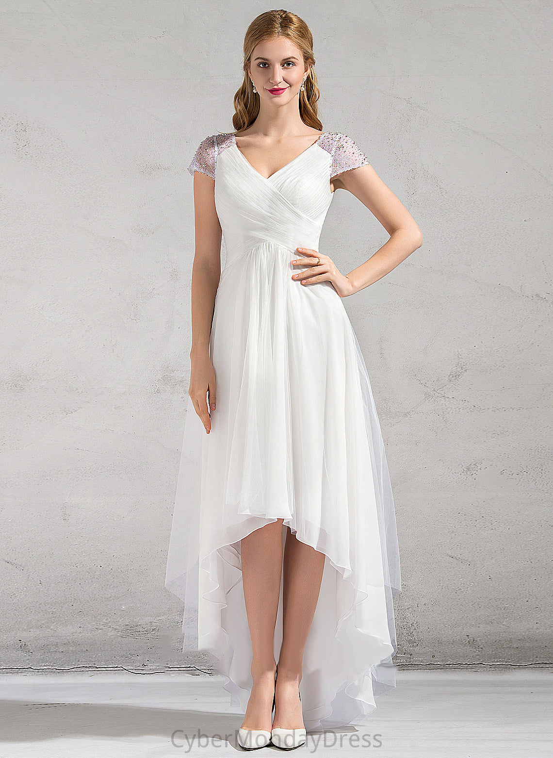 Wedding Dress Sequins Tulle V-neck Ruffle A-Line Asymmetrical Jenna Wedding Dresses With Beading