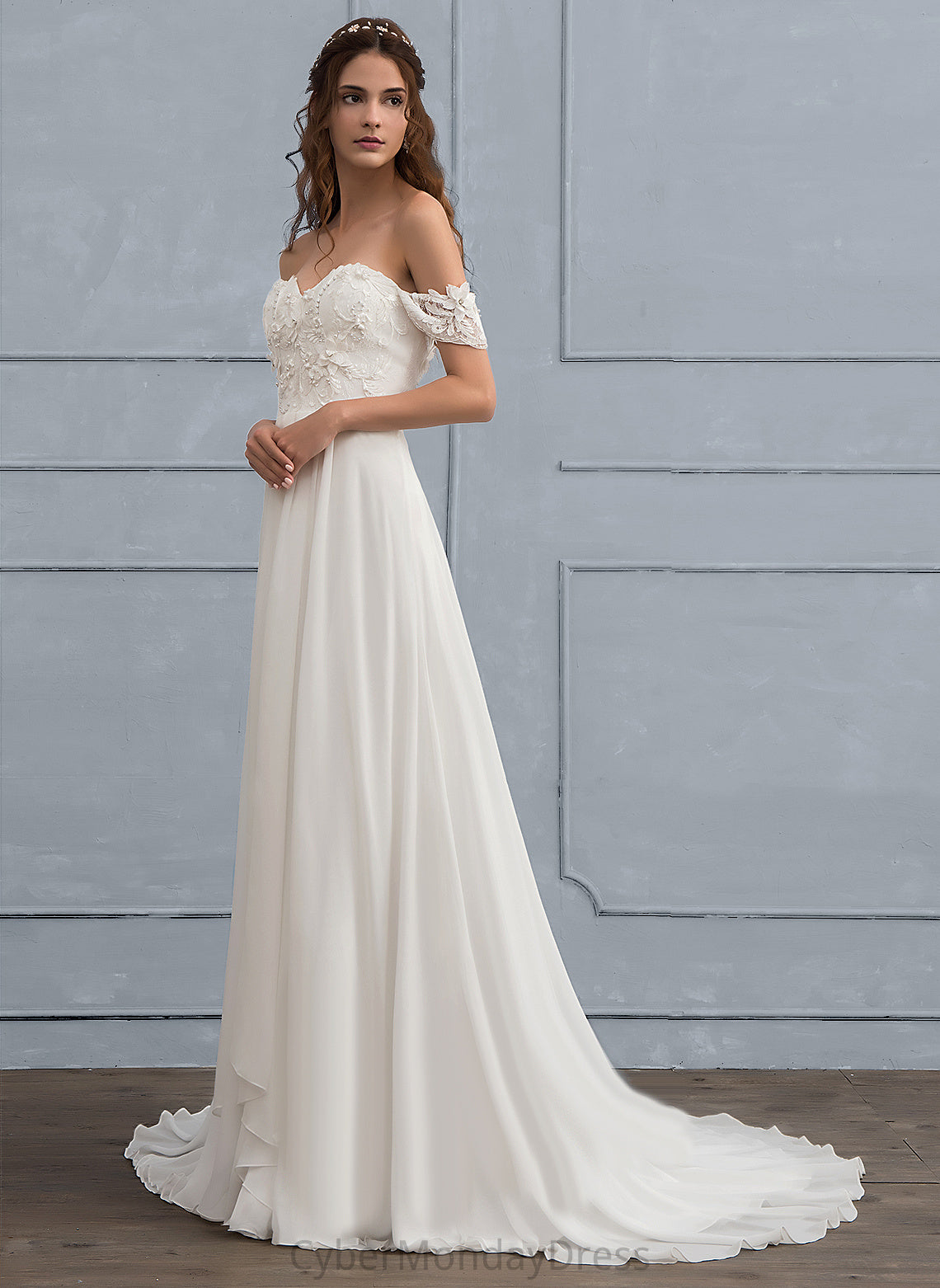 Cierra Chiffon A-Line Beading Wedding Wedding Dresses Lace Dress With Sweep Off-the-Shoulder Flower(s) Train