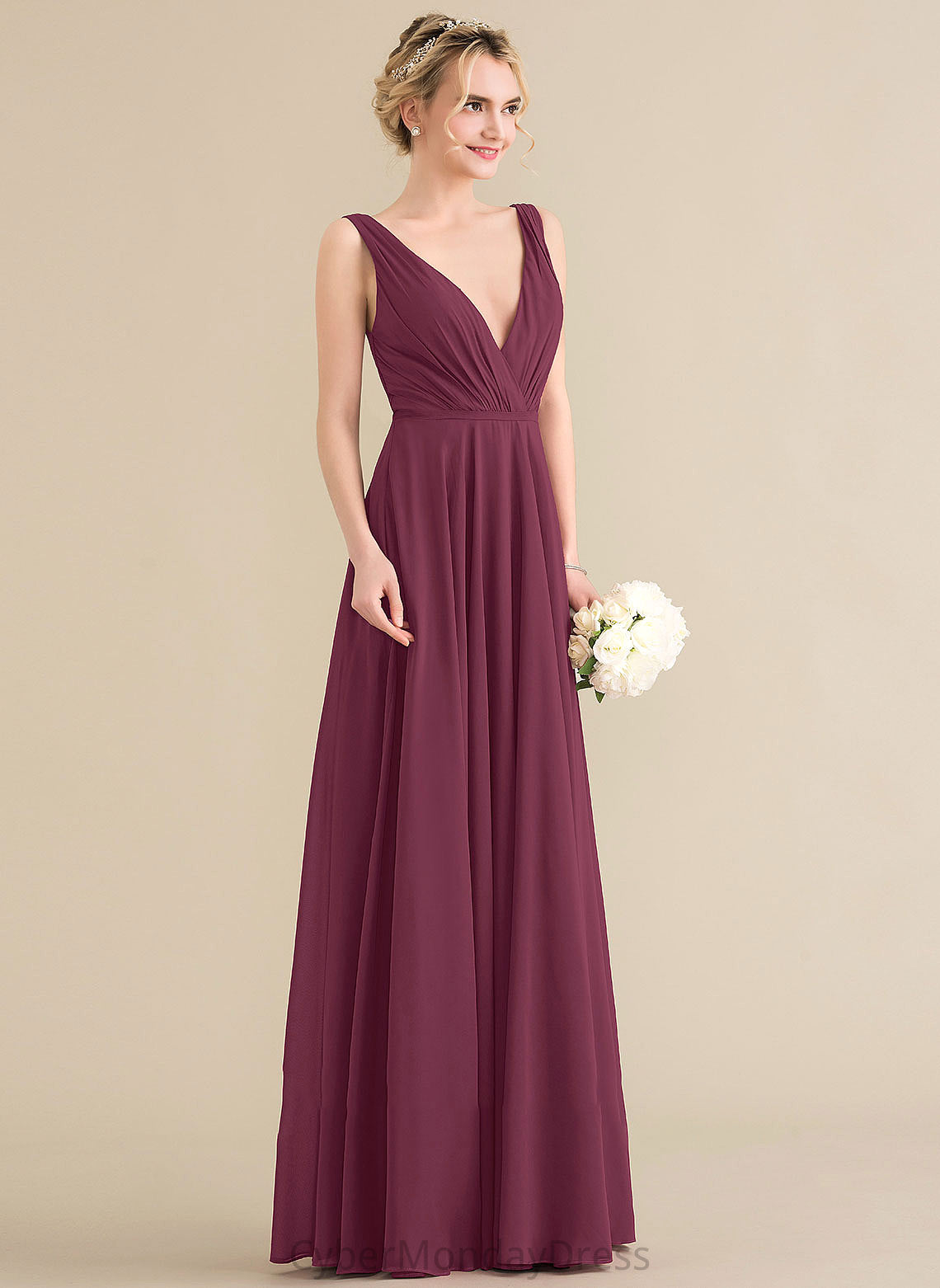 Floor-Length A-Line V-neck Ruffle Fabric Silhouette Embellishment Length Neckline Ashlynn Tea Length Half Sleeves Bridesmaid Dresses