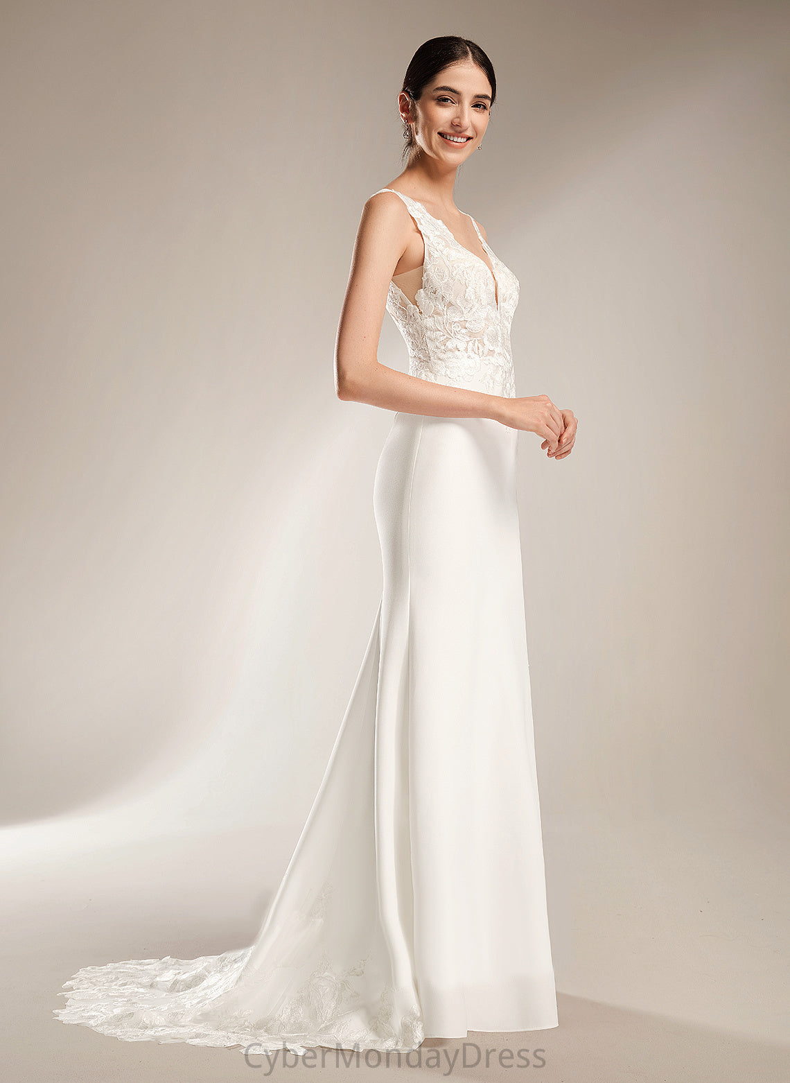 With Ada Court Stretch Sequins Train V-neck Wedding Dresses Sheath/Column Wedding Crepe Dress