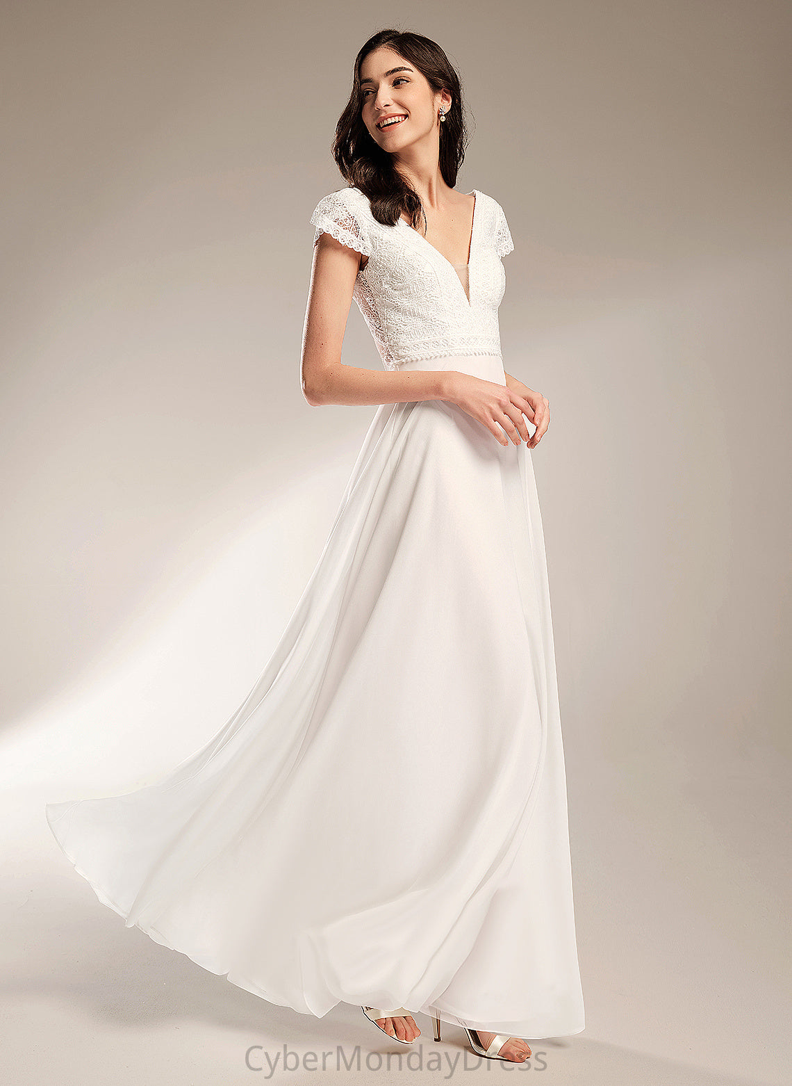 Wedding Dresses Chiffon Kira V-neck Dress Wedding Lace Floor-Length A-Line