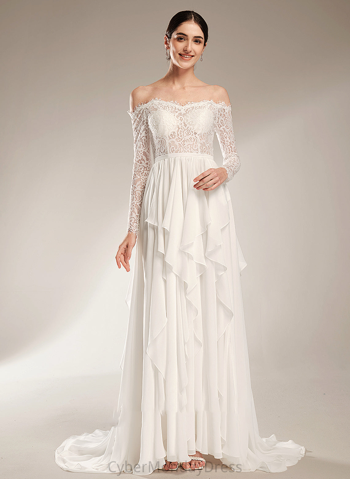 A-Line Train Court Ruffle With Off-the-Shoulder Wedding Wedding Dresses Dress Nydia