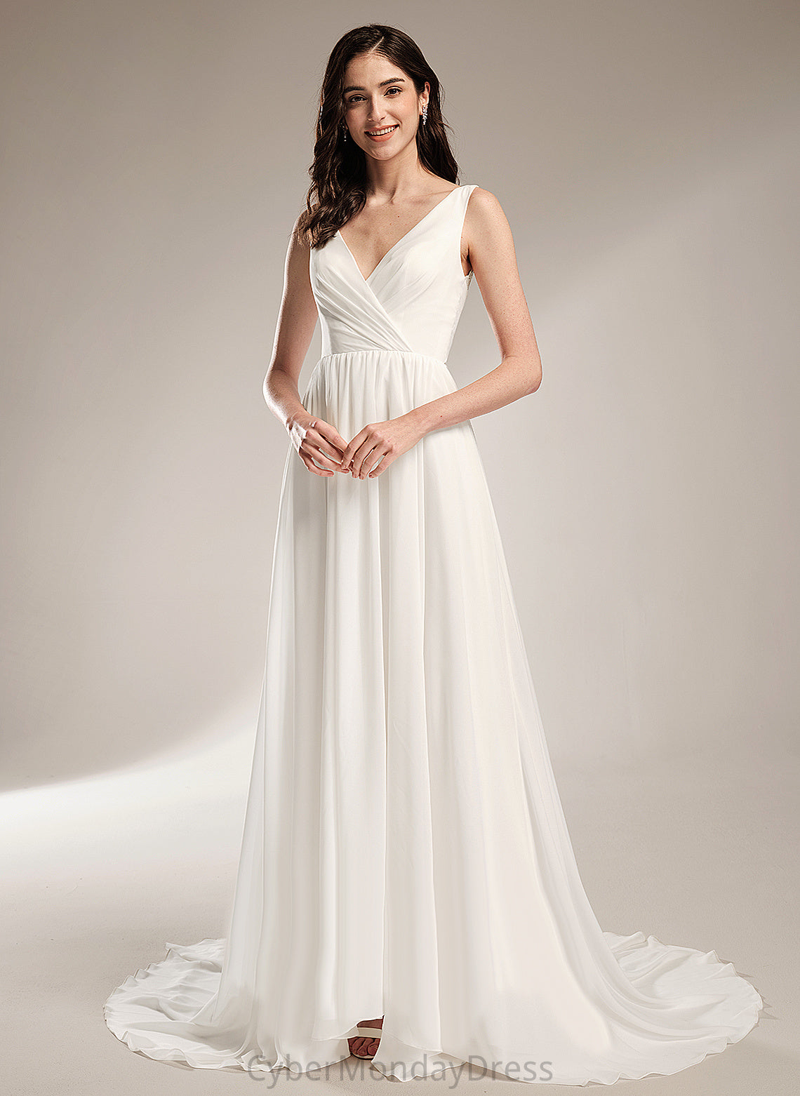 A-Line Sophronia Court Wedding Chiffon Lace Dress Train Wedding Dresses With V-neck