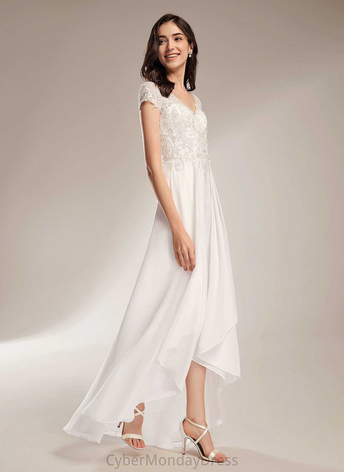 With Chiffon V-neck Lace Asymmetrical A-Line Dress Wendy Wedding Dresses Wedding