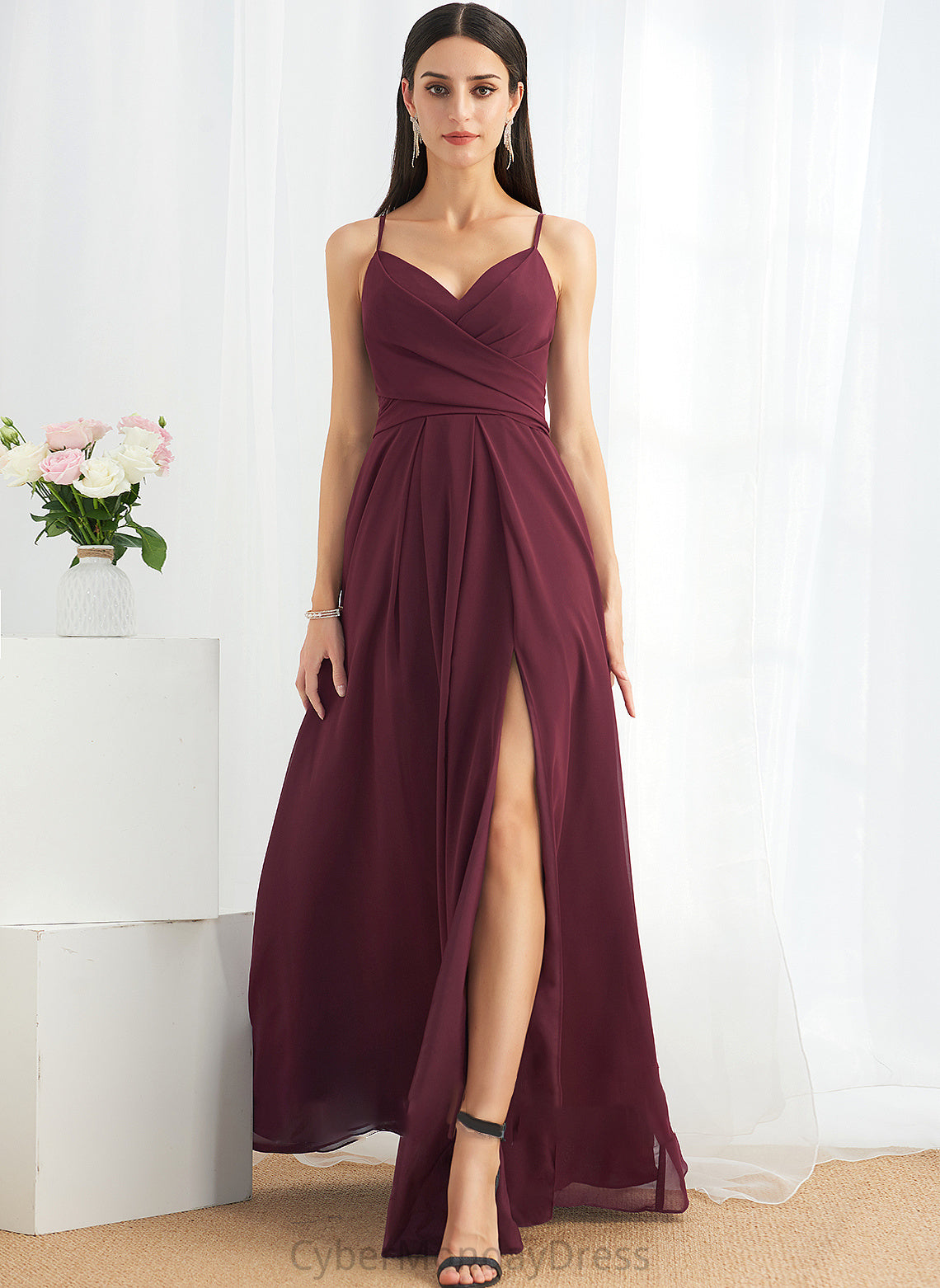 Length Neckline A-Line V-neck Floor-Length Embellishment SplitFront Silhouette Ruffle Fabric Addyson One Shoulder Bridesmaid Dresses