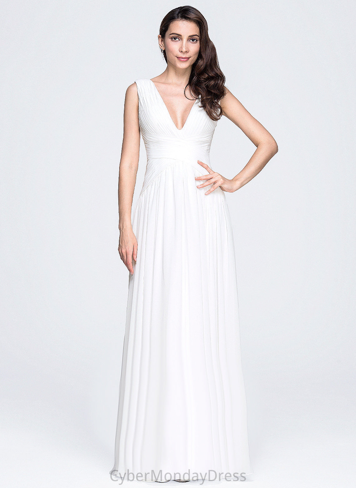 V-neck Eliza A-Line Wedding Dresses Pleated Wedding Floor-Length Chiffon Dress With